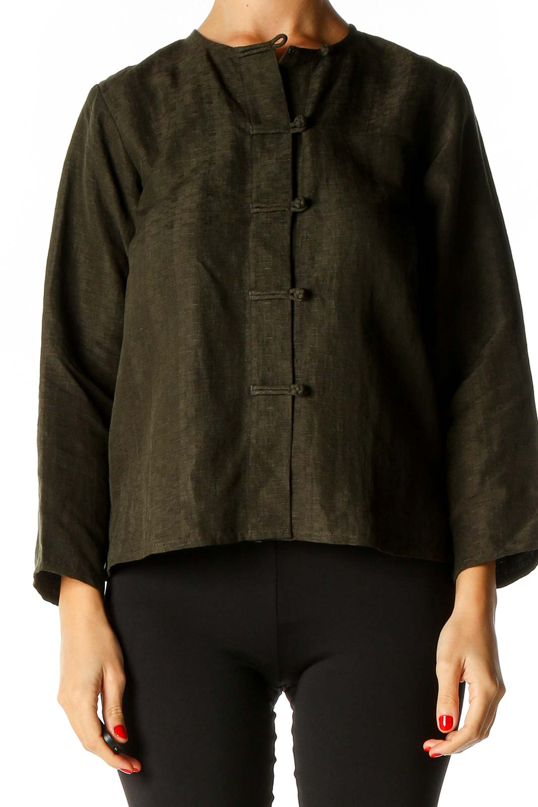 Eileen Fisher - Green Solid Semiformal Shirt Silk Linen | SilkRoll