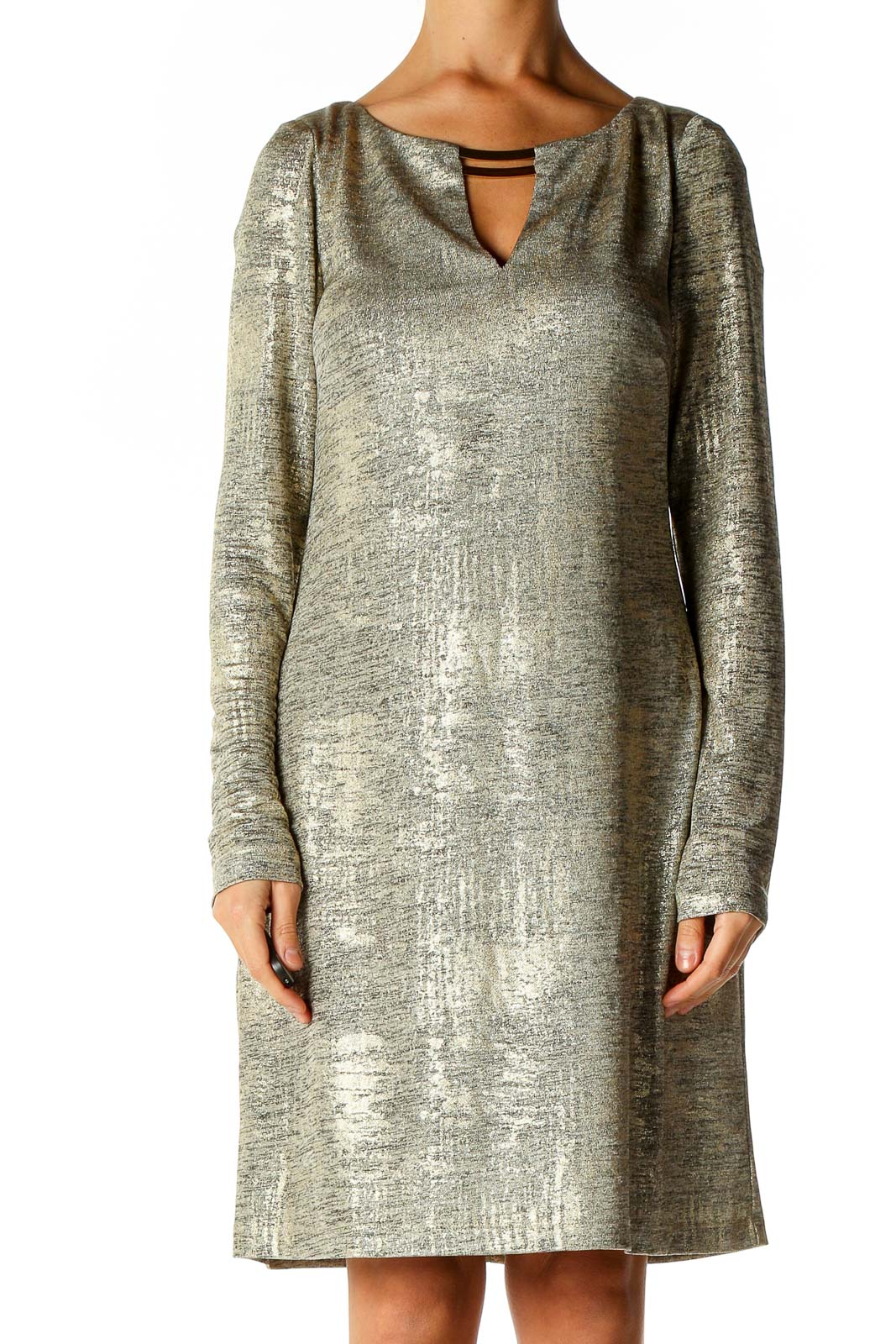 Gold Textured Metallic Cocktail A-Line Dress Front