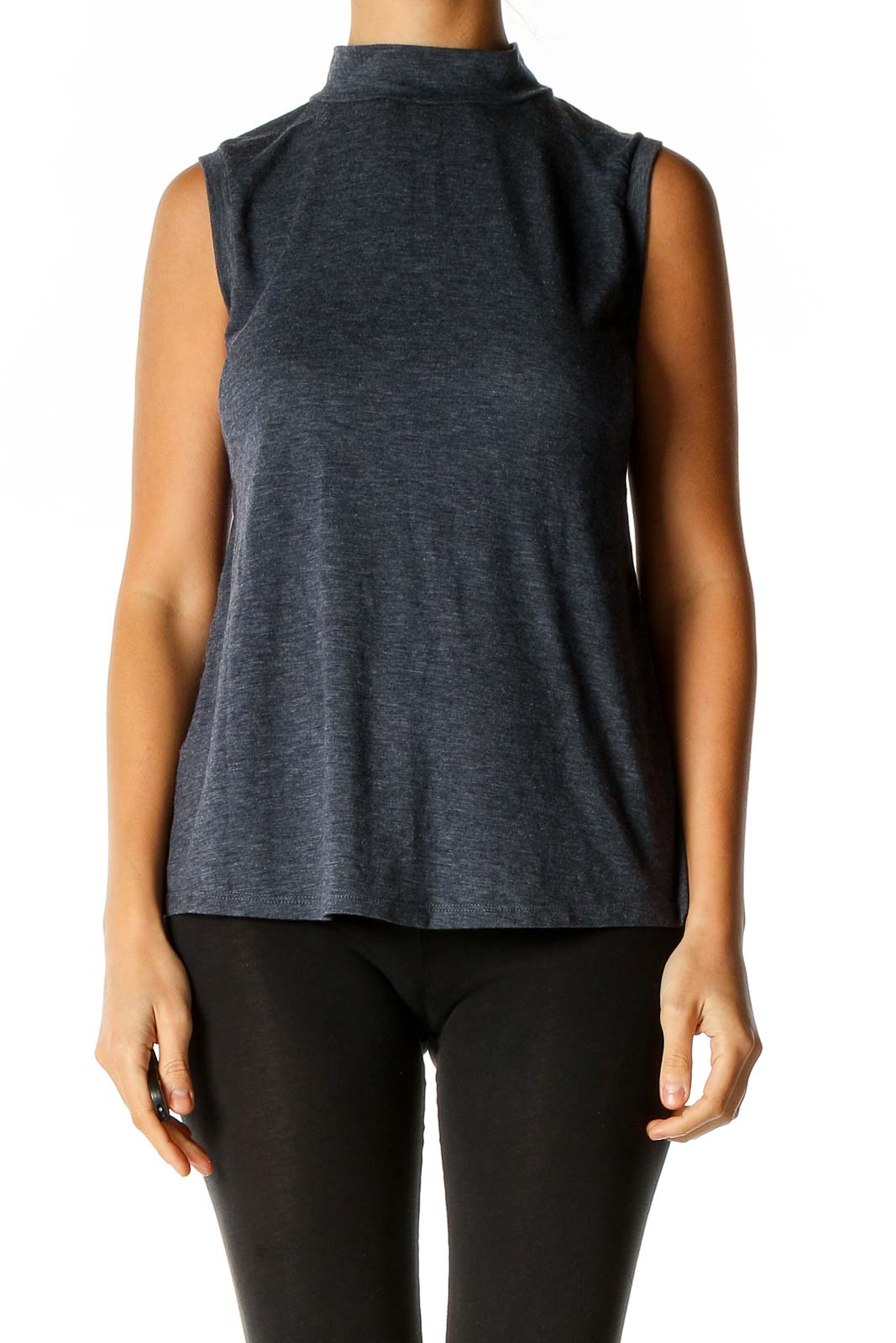 Heather Blue Solid Classic Mock Neck Top Front