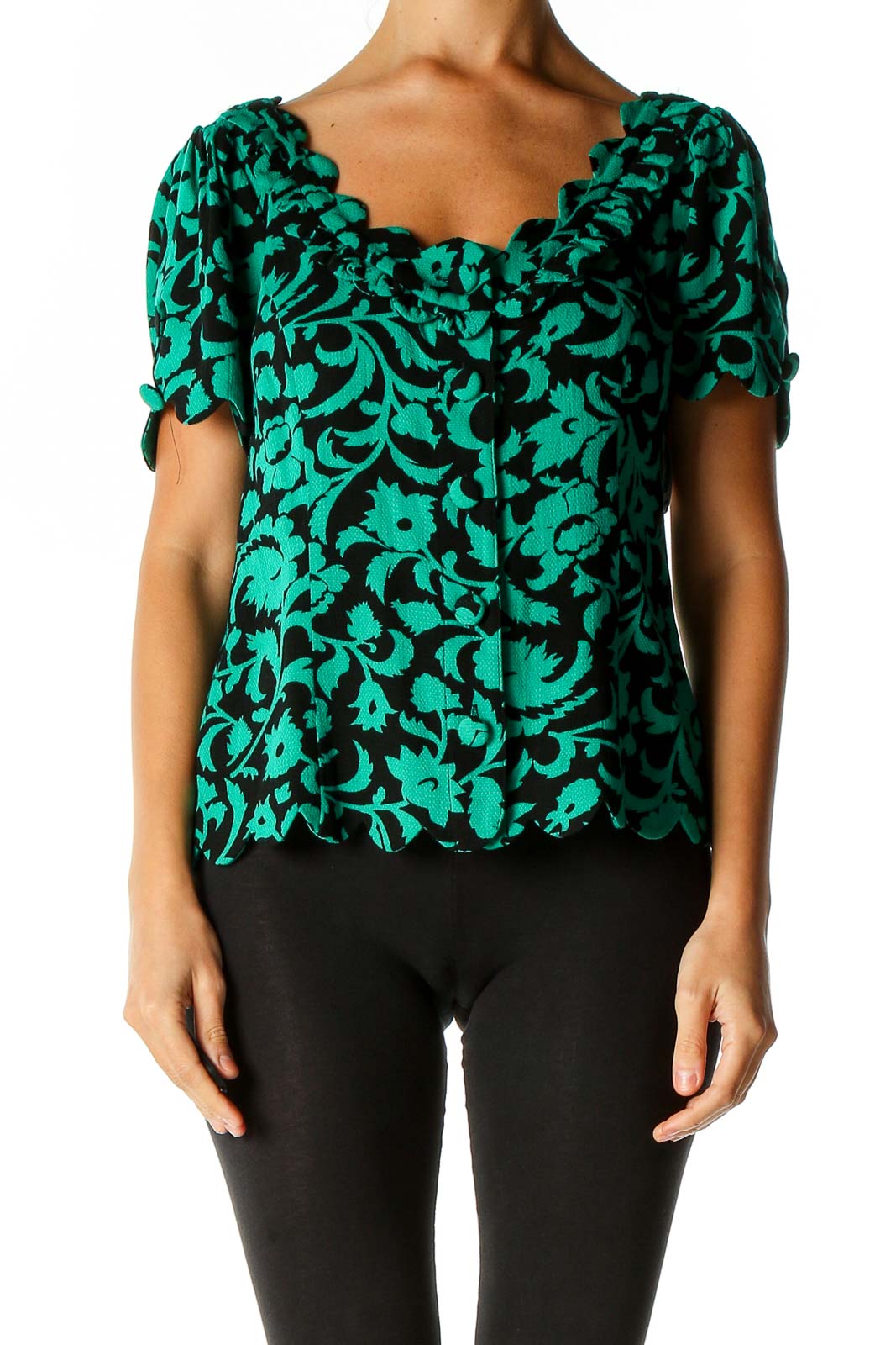 Green Textured Casual Blouse Front