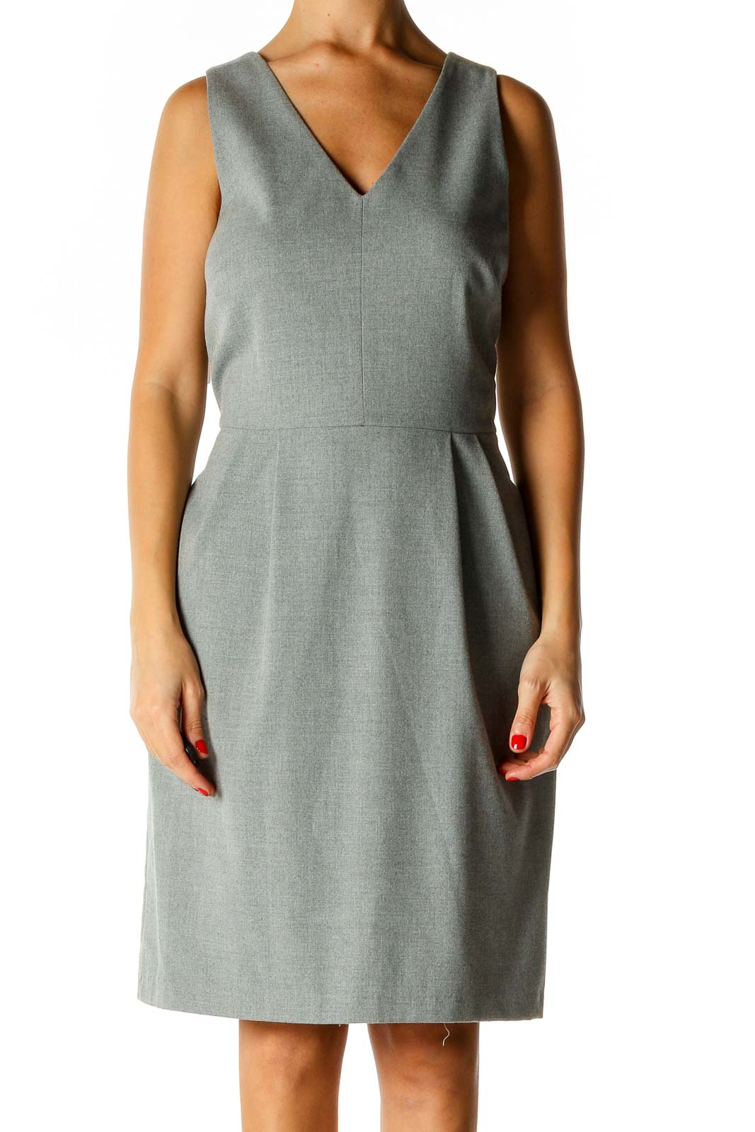 Gray Solid Classic Sheath Dress With Bow Front