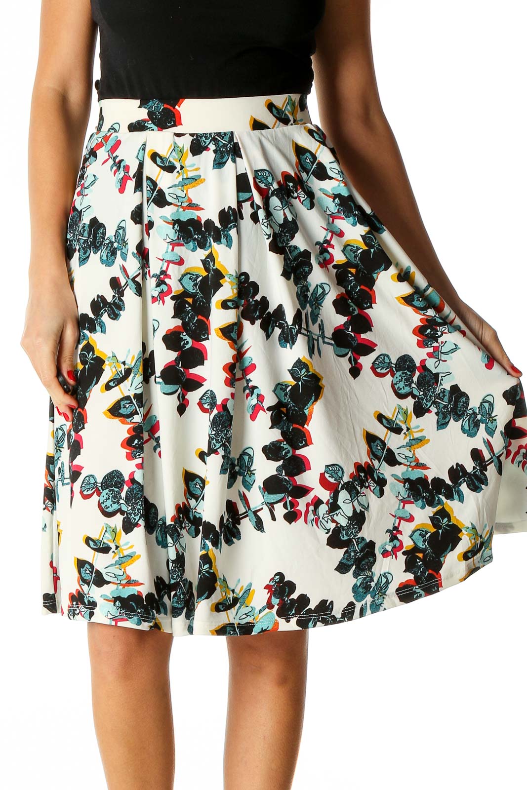 White Printed Retro Flared Skirt Front
