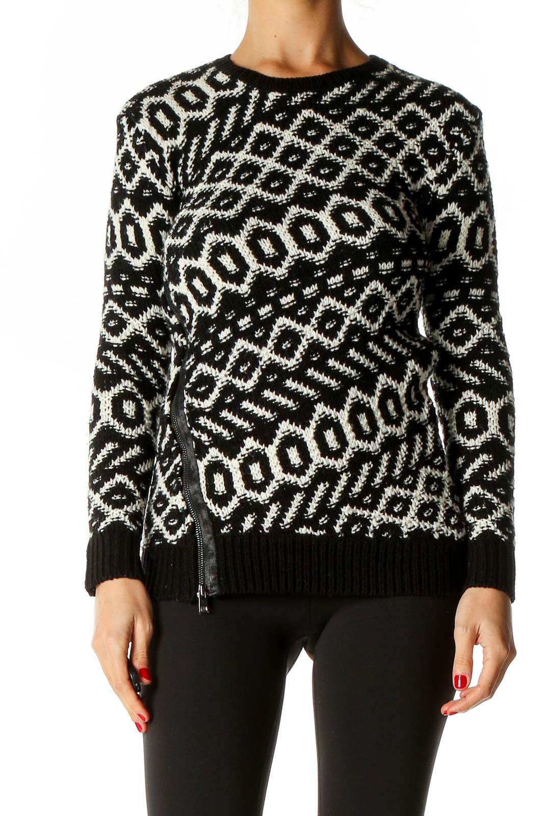 Black Geometric Print All Day Wear Sweater Front