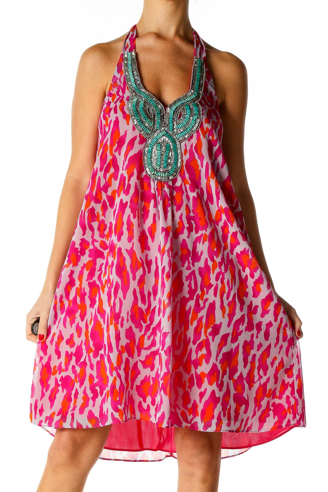 Pink Printed Holiday Fit & Flare Dress Front