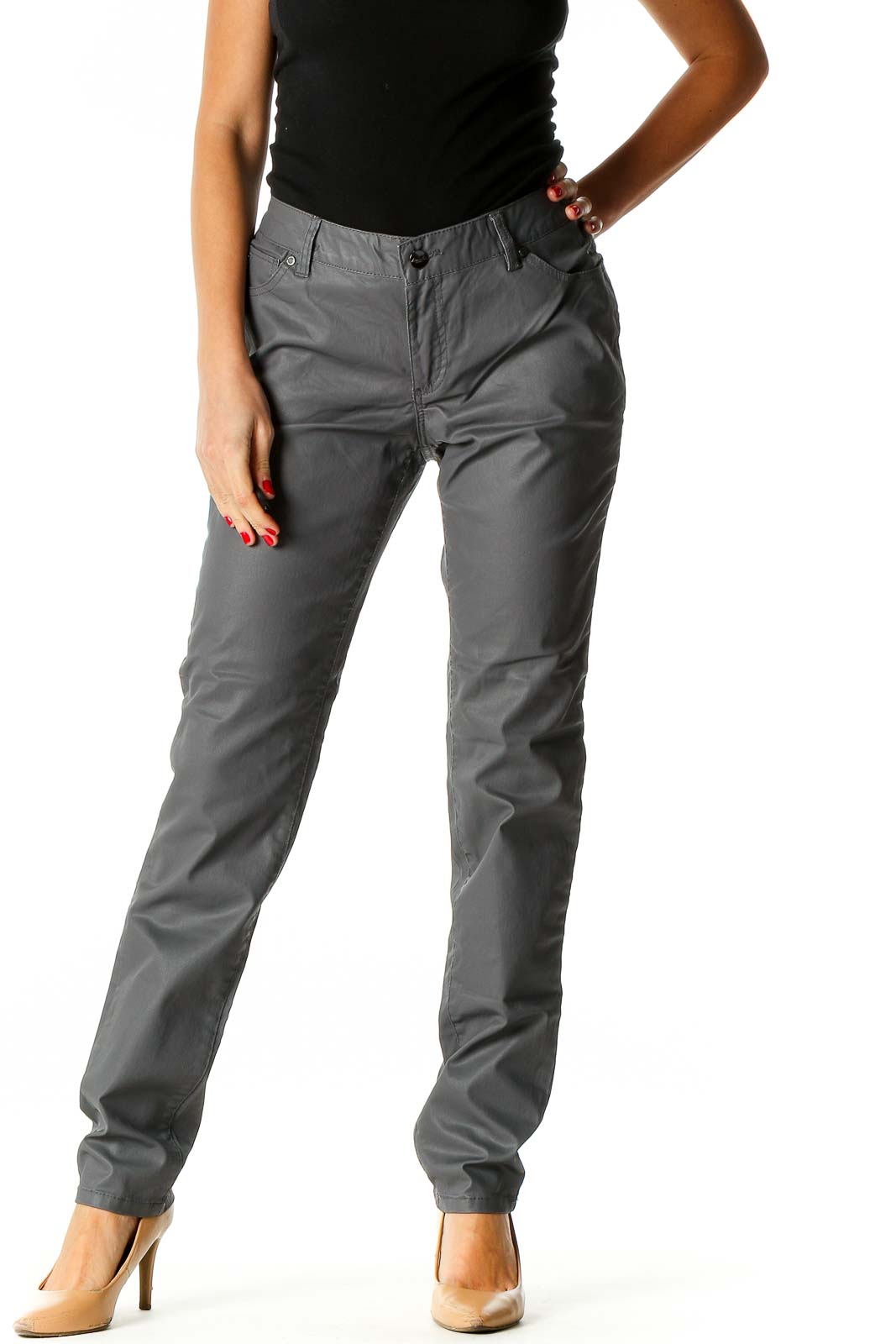 Gray Solid Chic Trousers Front