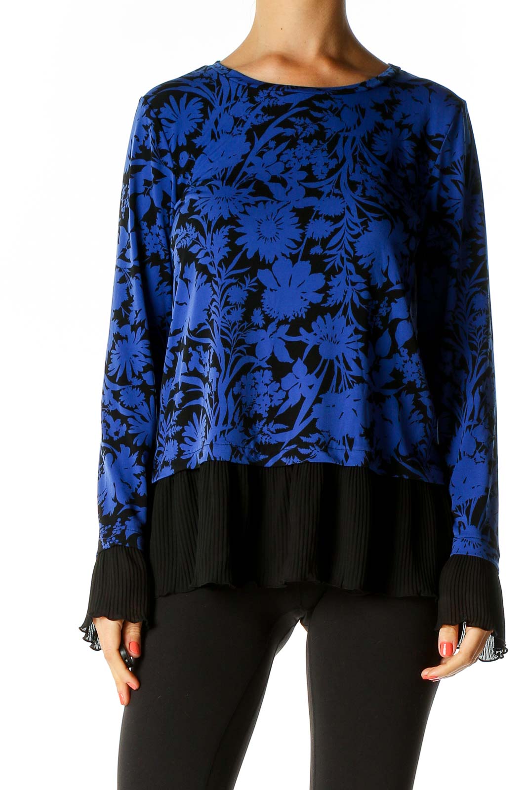 Blue Floral Print Casual Blouse Front