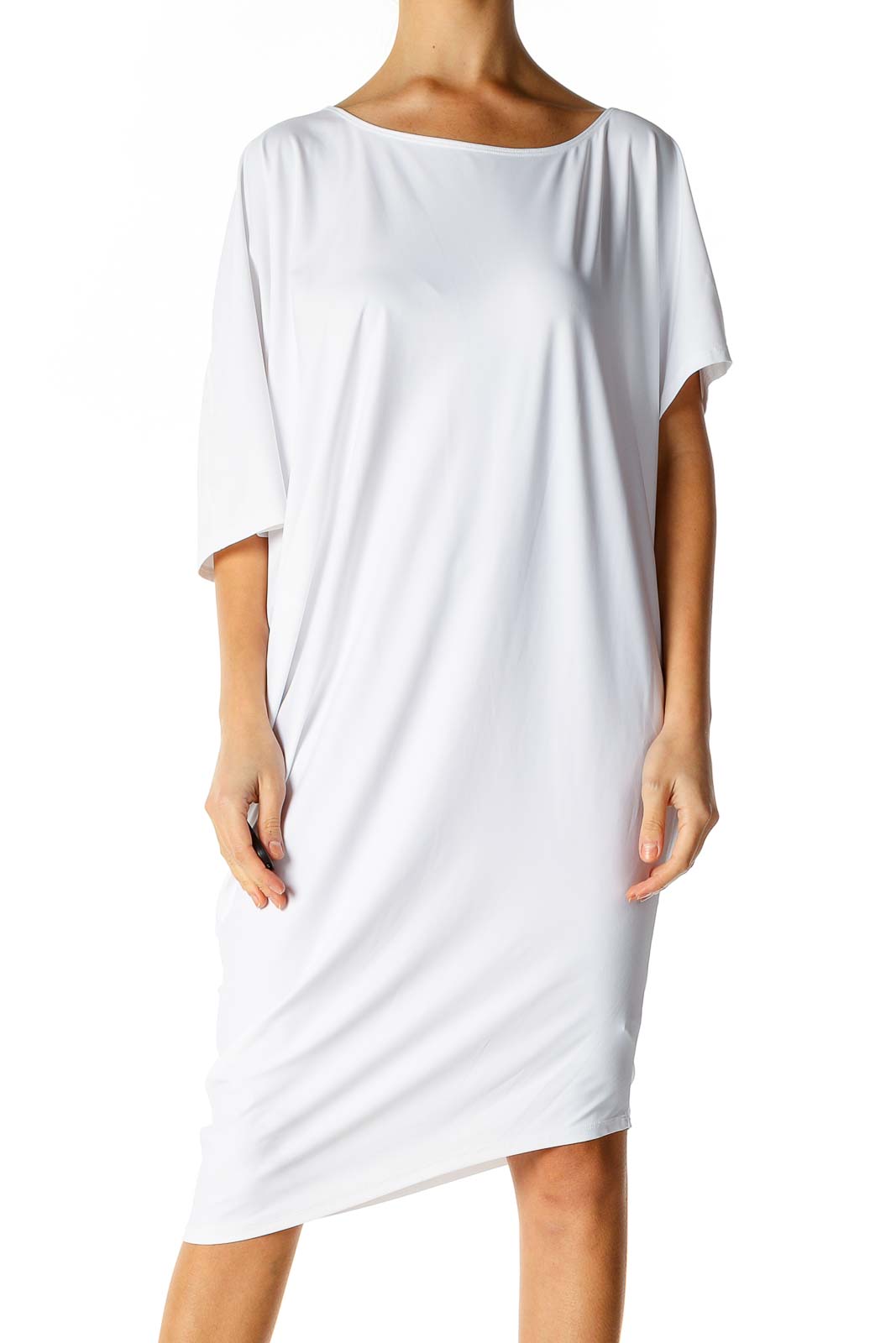 Athleta - White Solid Classic Shift Dress Nylon | SilkRoll