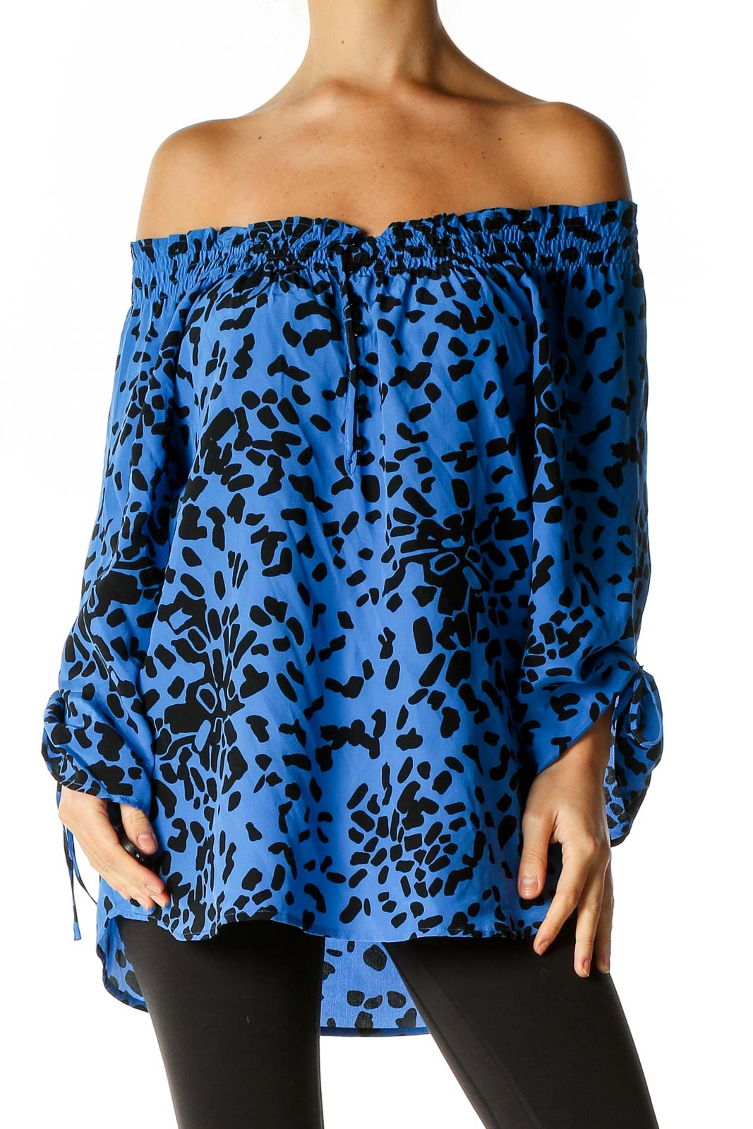 Blue Printed Retro Blouse Front