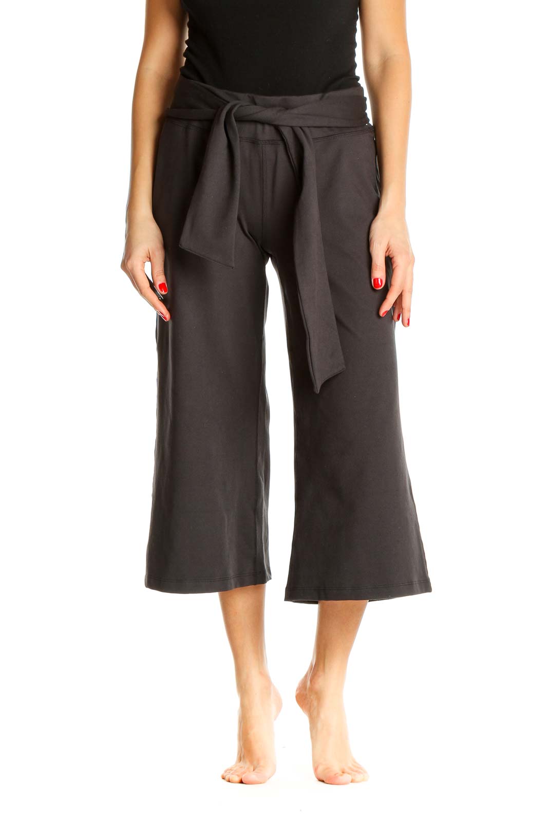 Black Solid Activewear Culottes Pants Front