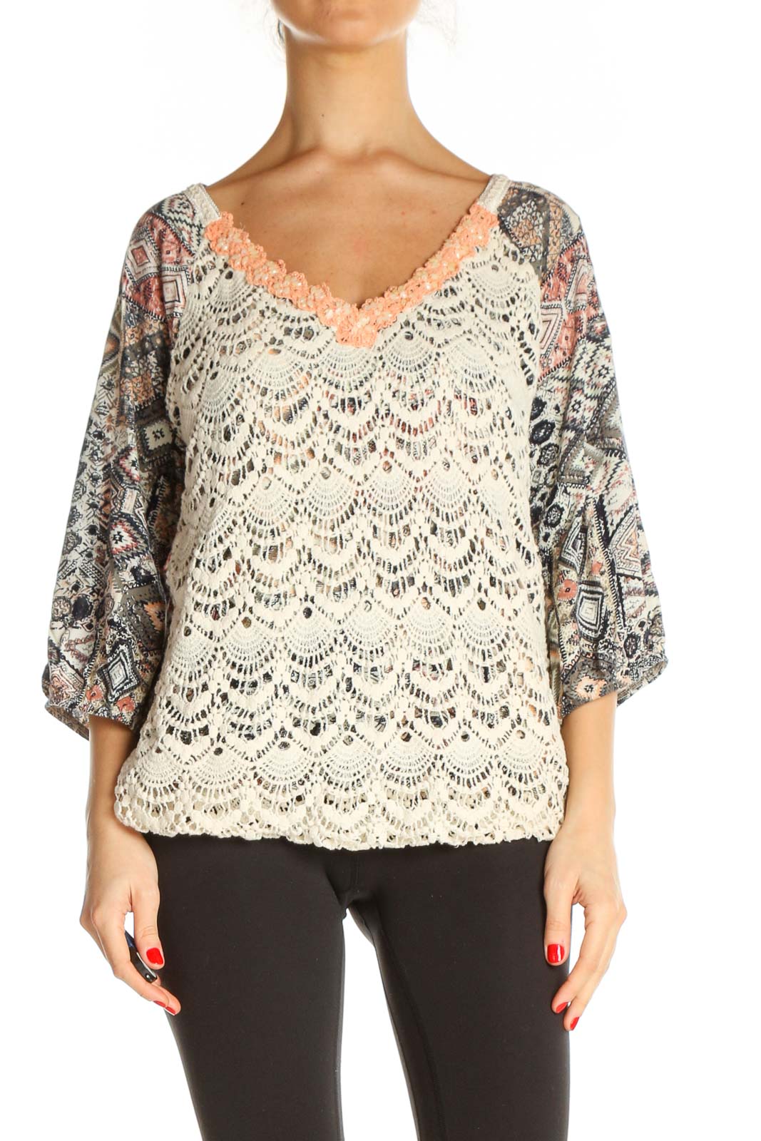 Beige Textured Casual Blouse Front