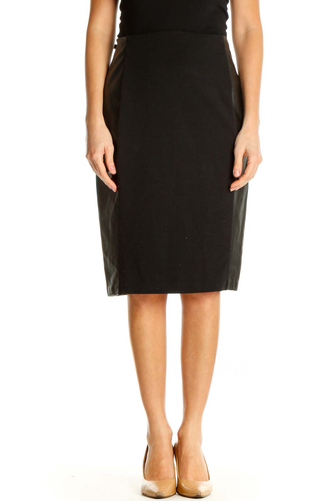 Black Solid Classic Pencil Skirt Front