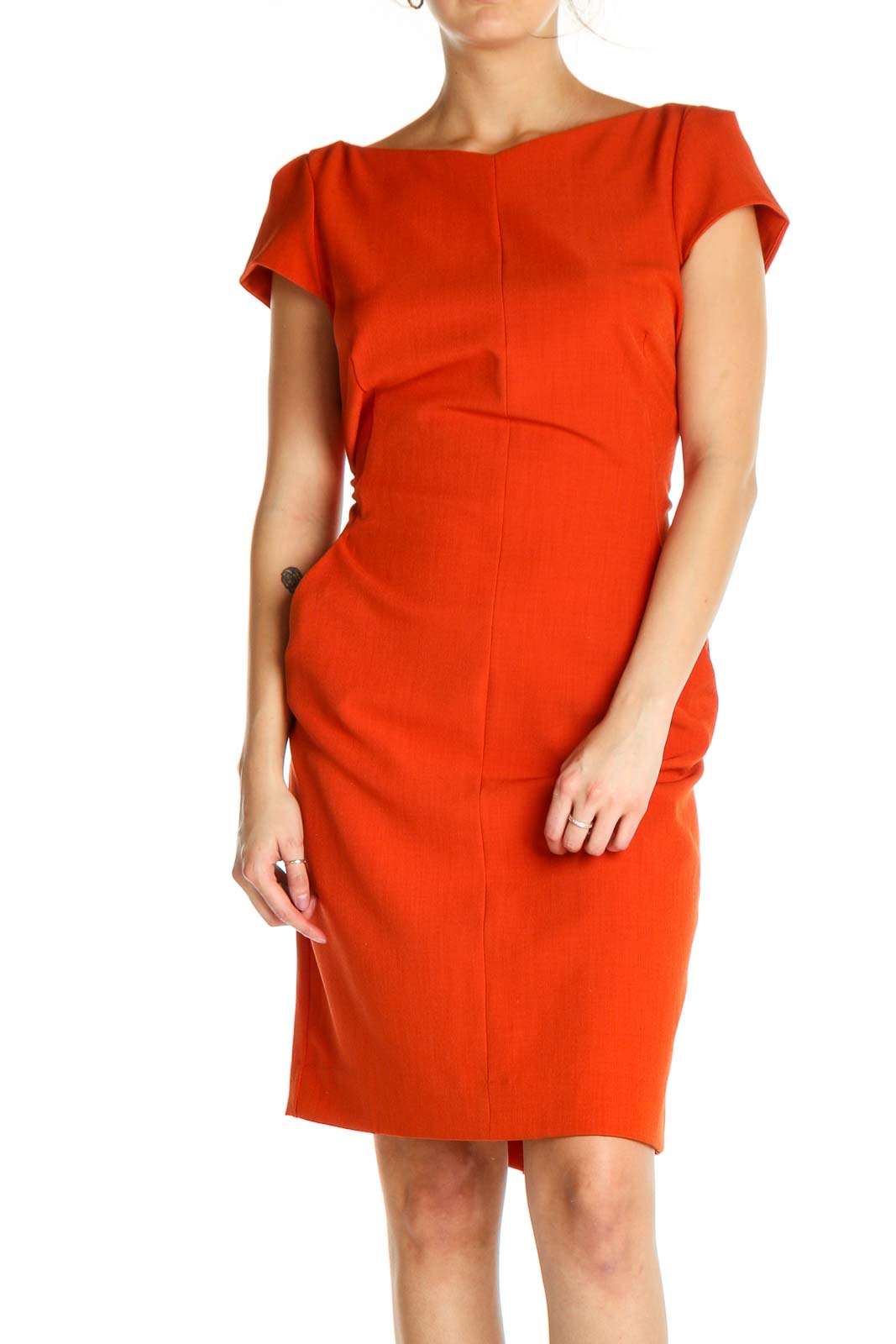 Orange Solid Work Sheath Dress Front