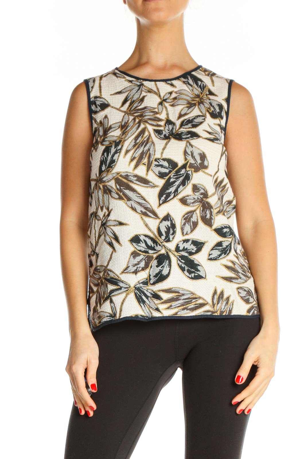 Beige Tropical Print Chic Tank Top Front