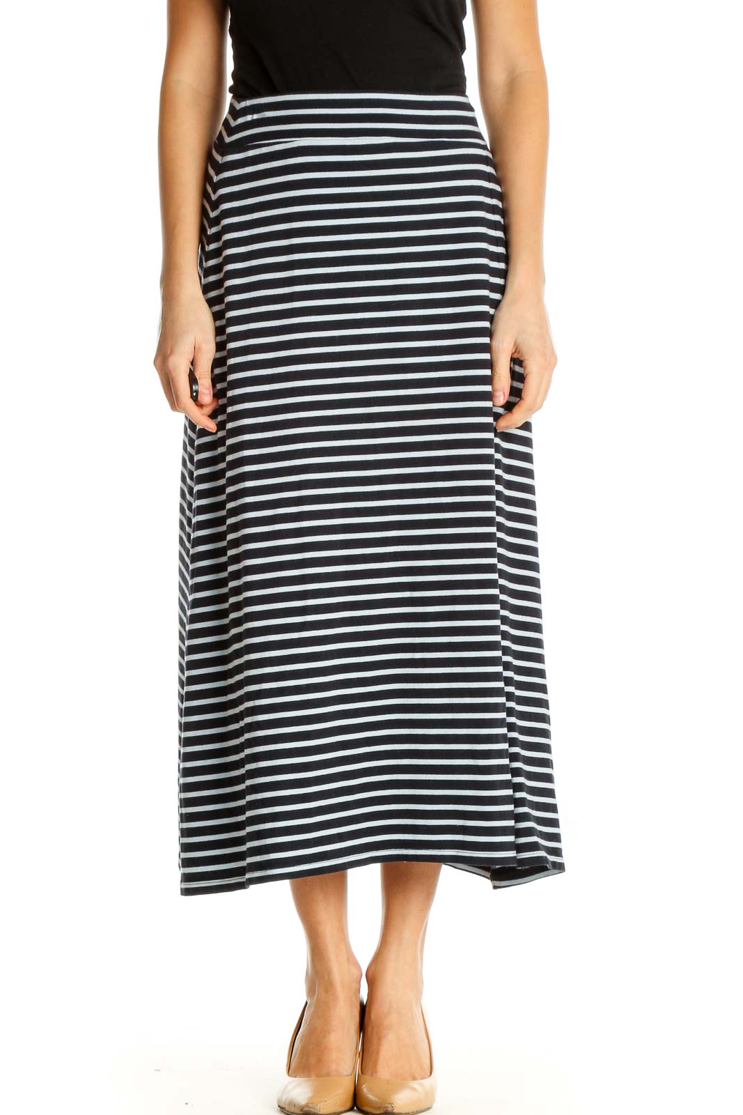 Black Striped Casual Straight Skirt Front