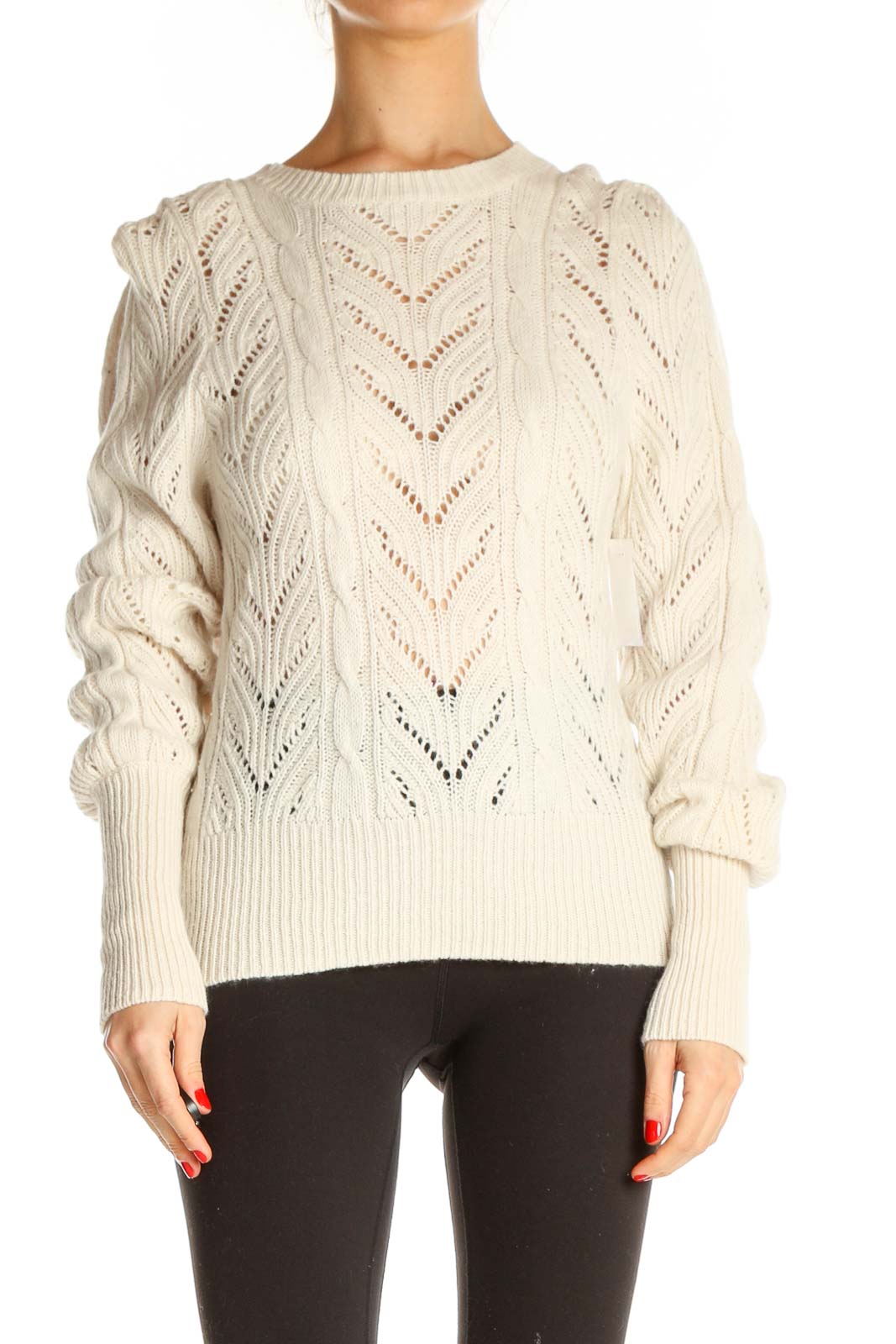 Beige Textured All Day Wear Sweater Front