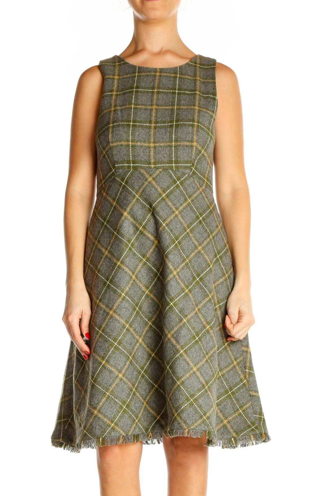 Gray Checkered Classic Fit & Flare Dress Front