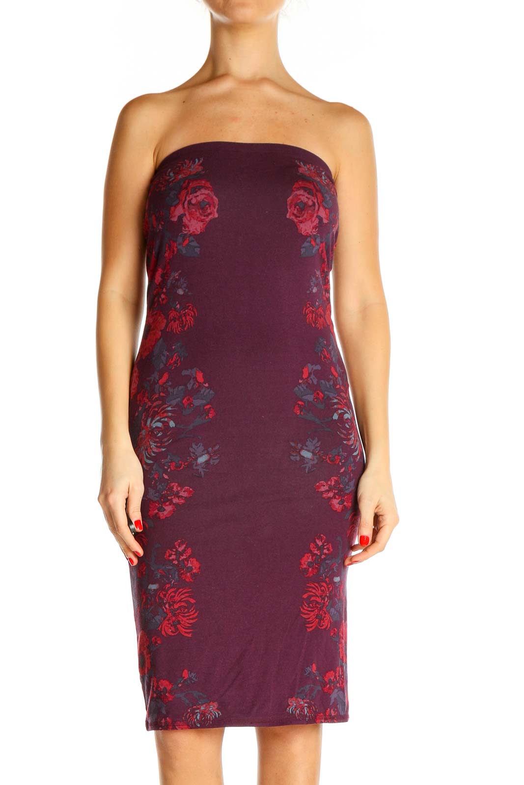 Burgundy Floral Strapless Bodycon Dress Front