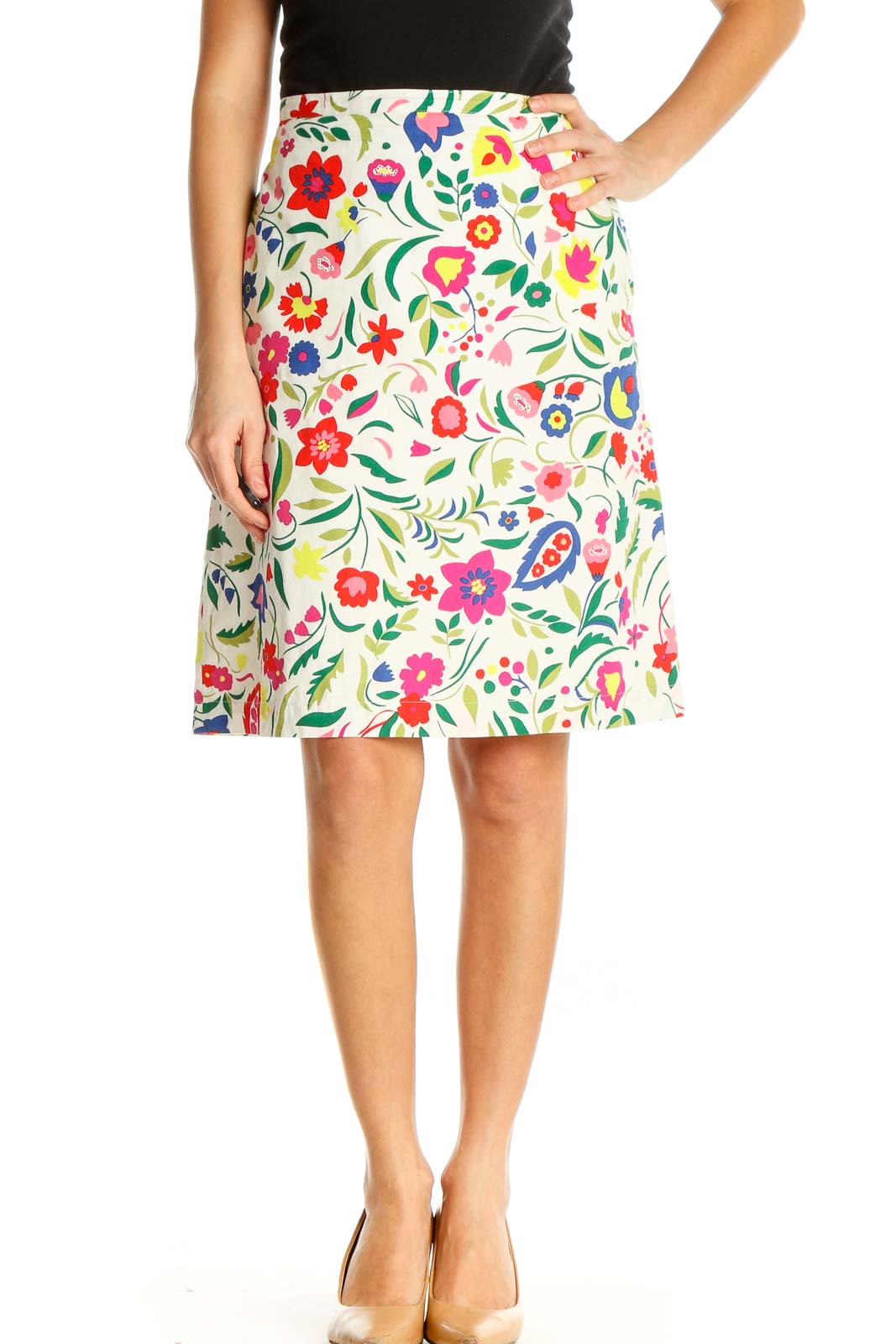 White Printed Chic A-Line Skirt Front