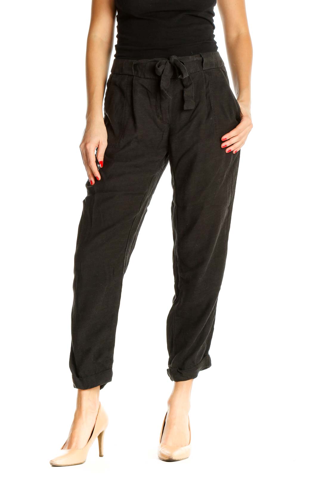 Black Solid Casual Trousers Front