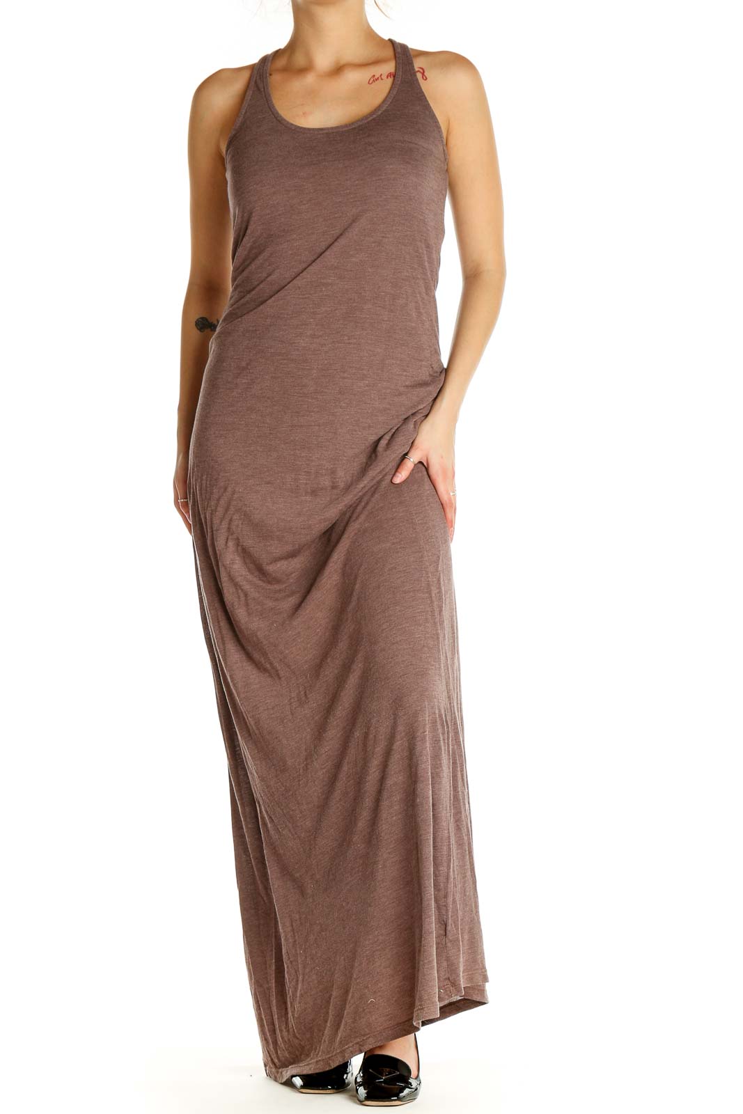 Brown Solid Classic Column Dress Front