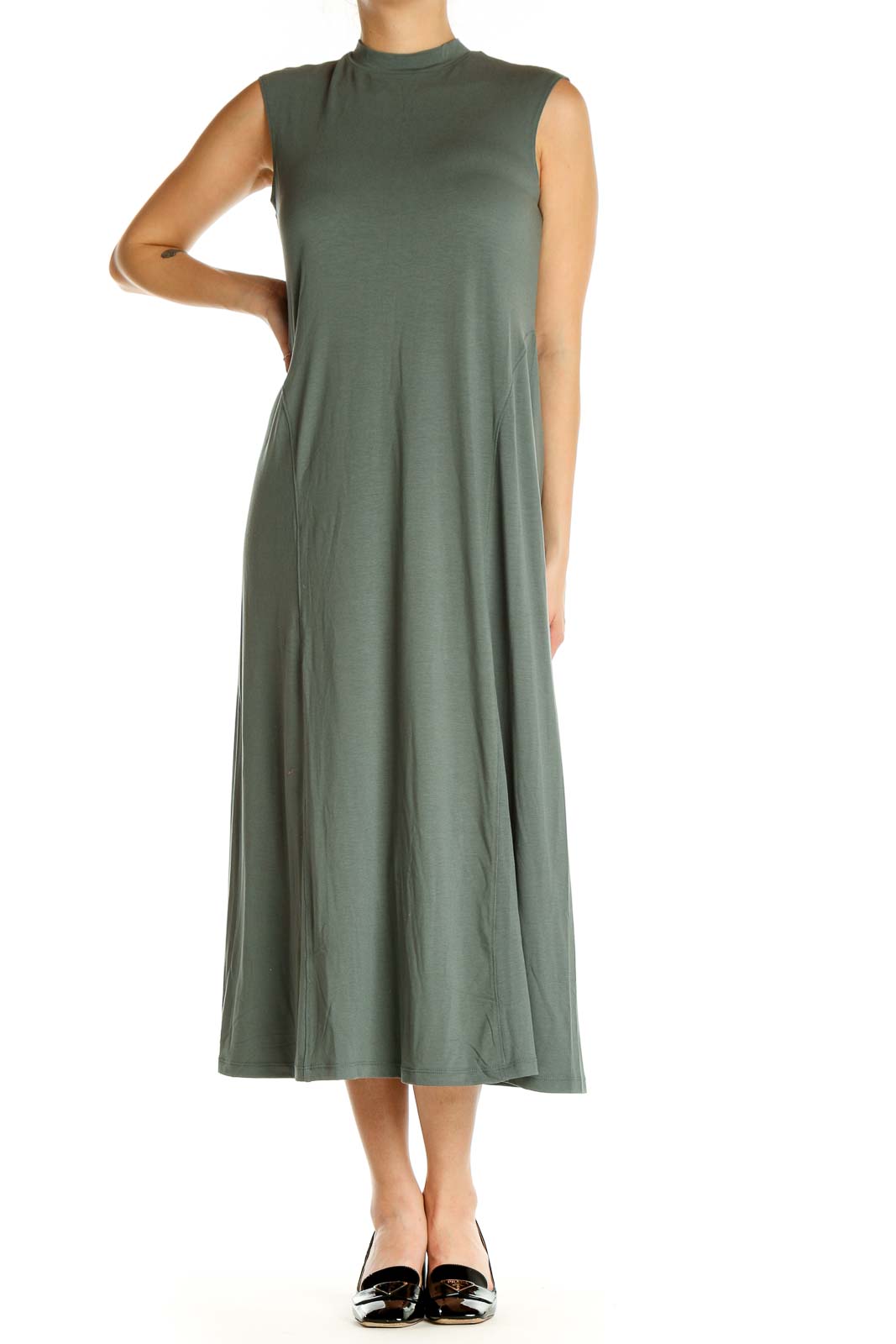 Green Solid Classic Fit & Flare Dress Front
