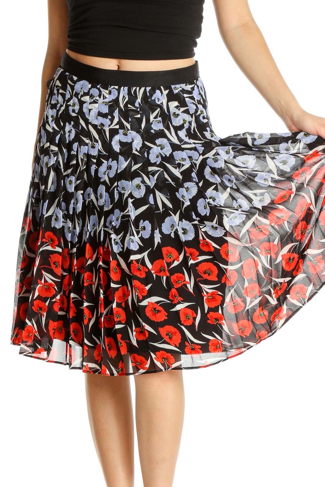 Black Blue Red Floral Print Pleated Skirt Front