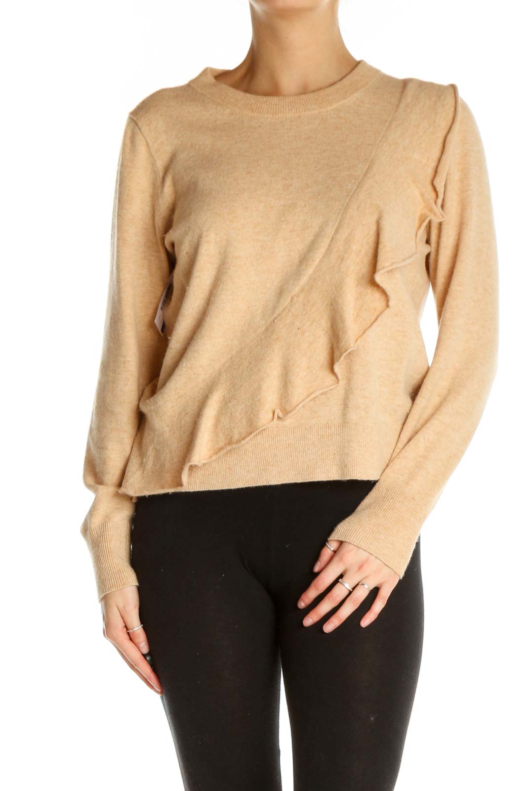 Beige Solid All Day Wear Sweater Front