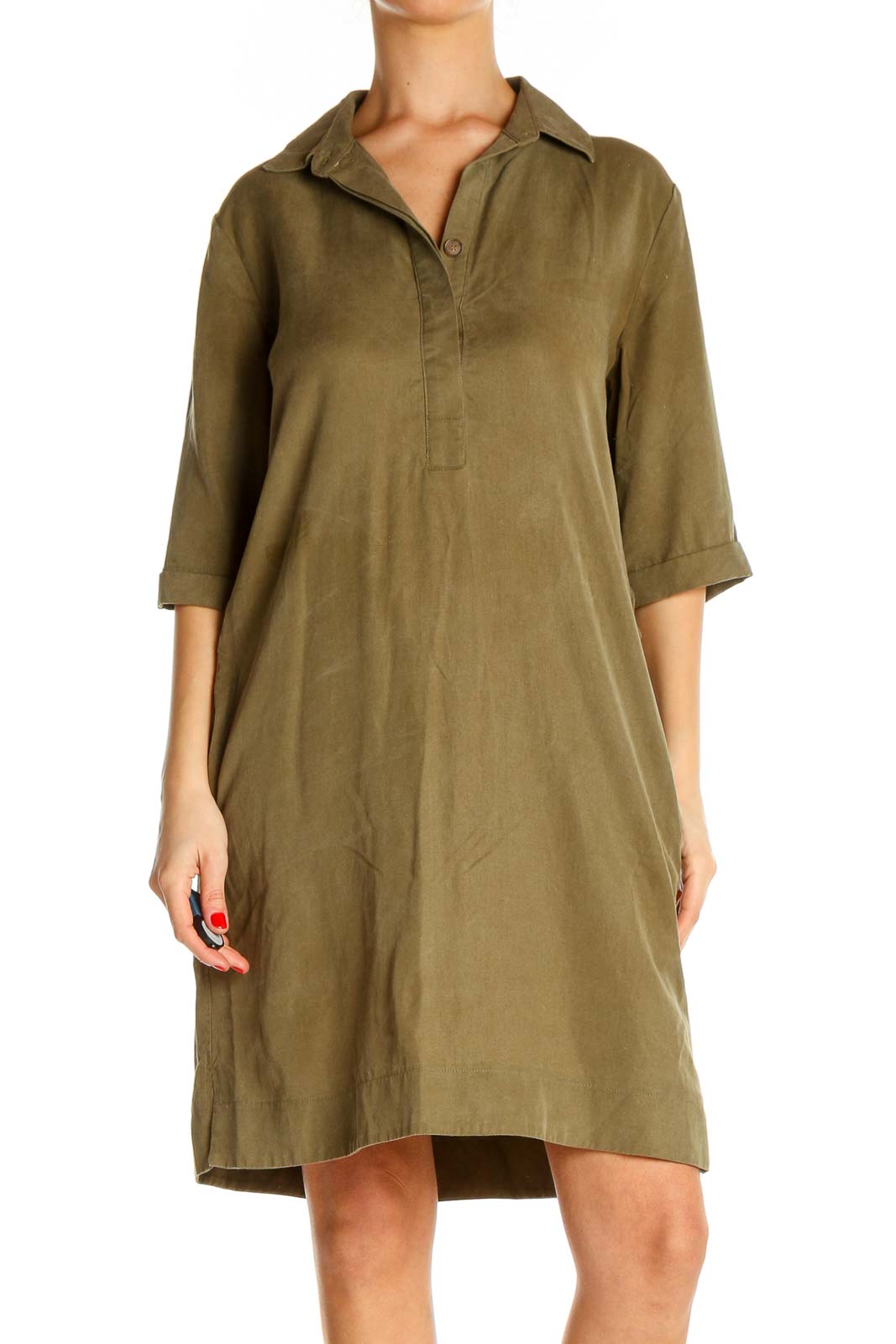 Brown Solid Classic Shift Dress Front