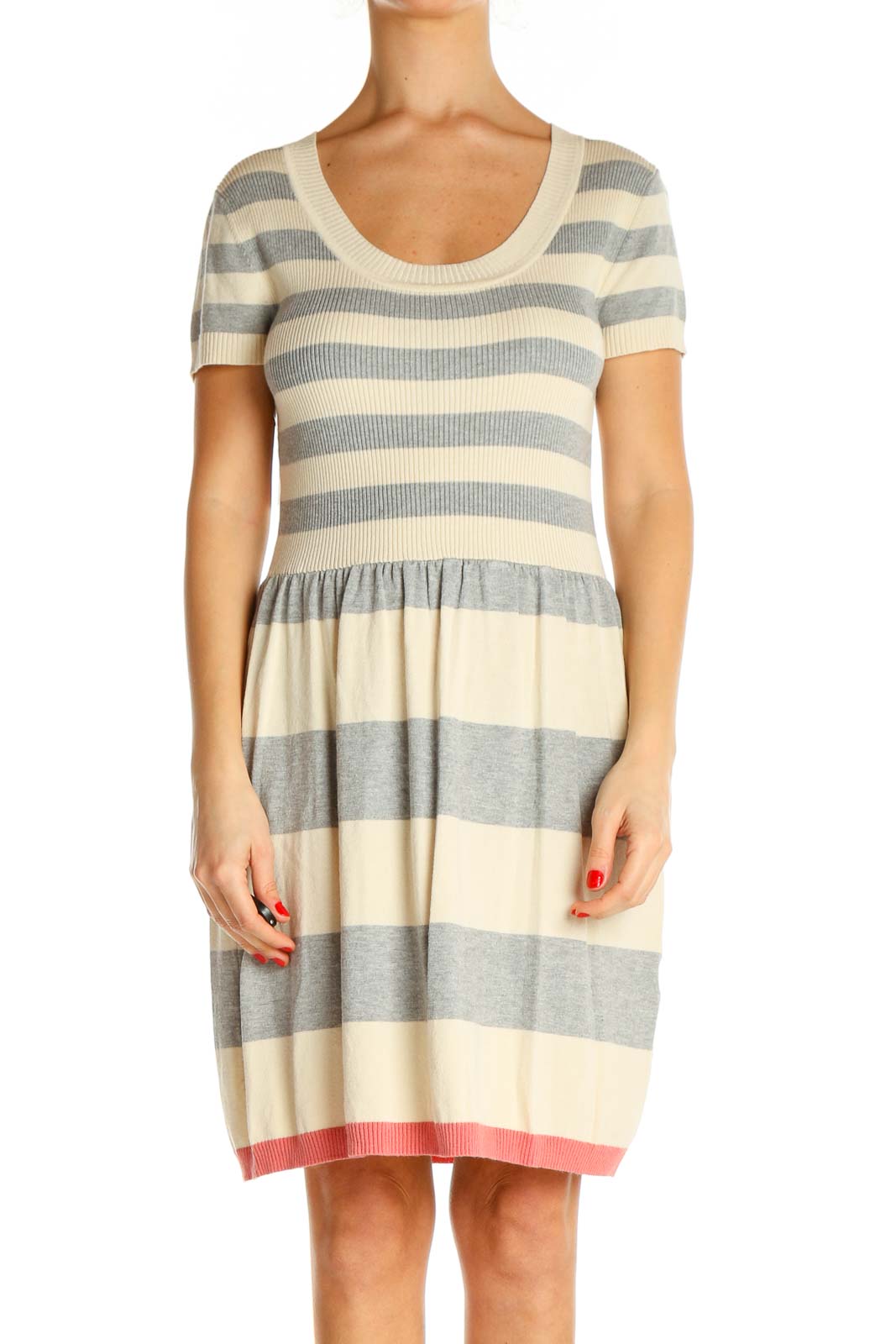 Beige Striped Day Fit & Flare Dress Front