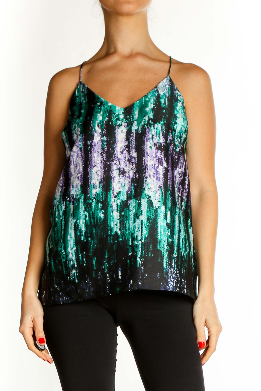 Black Graphic Print Sequin Party Top Front
