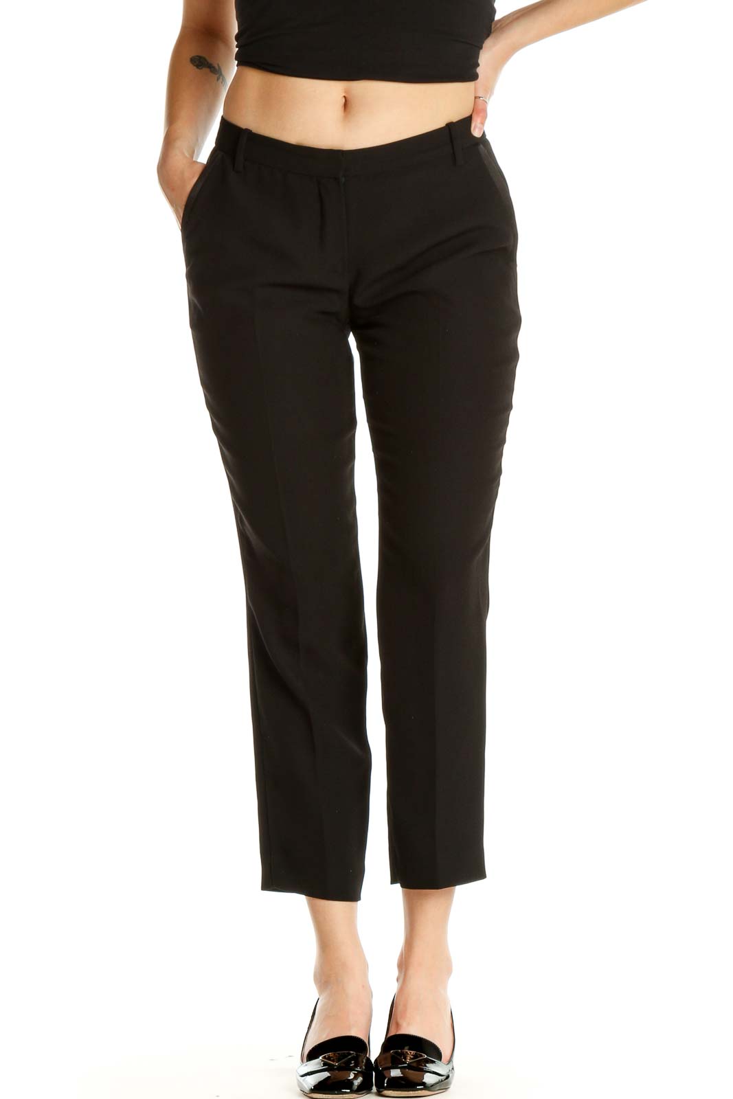 Black Solid Classic Trousers Front