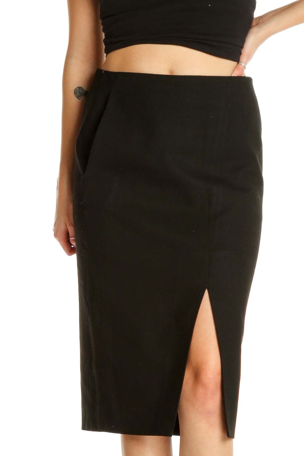 Black Solid Semiformal Pencil Skirt Front