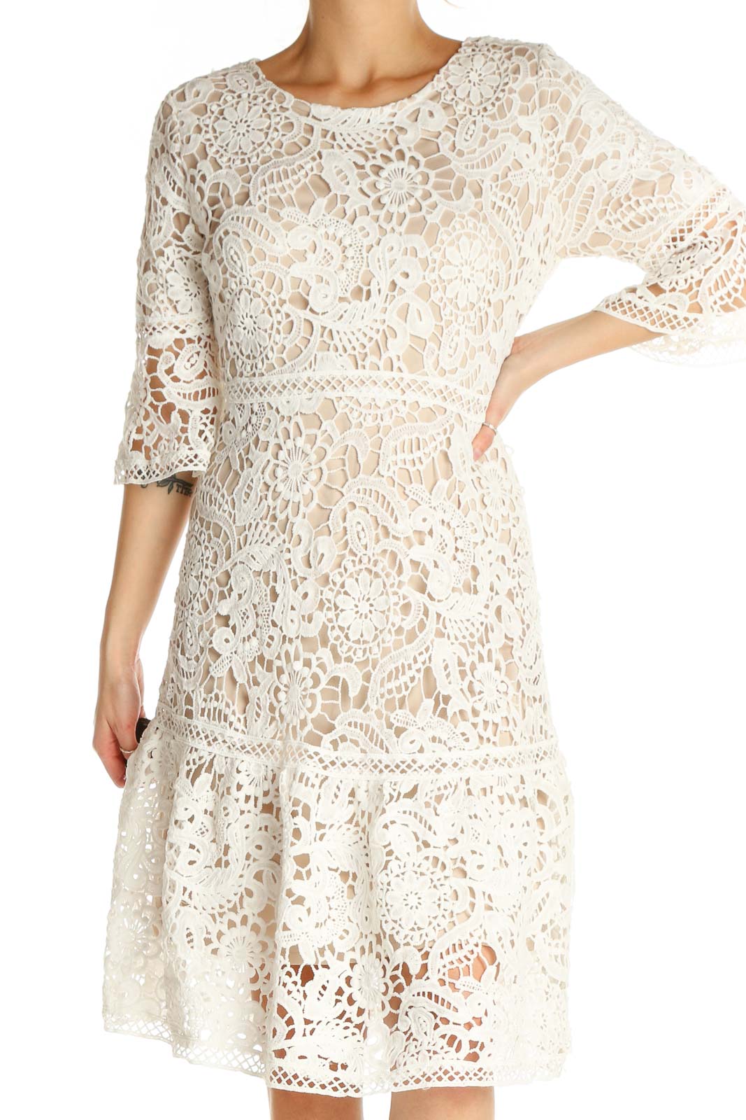 Beige Lace Day Fit & Flare Dress Front
