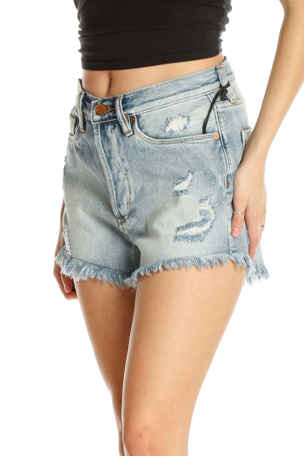 Blue Textured Casual Shorts Front