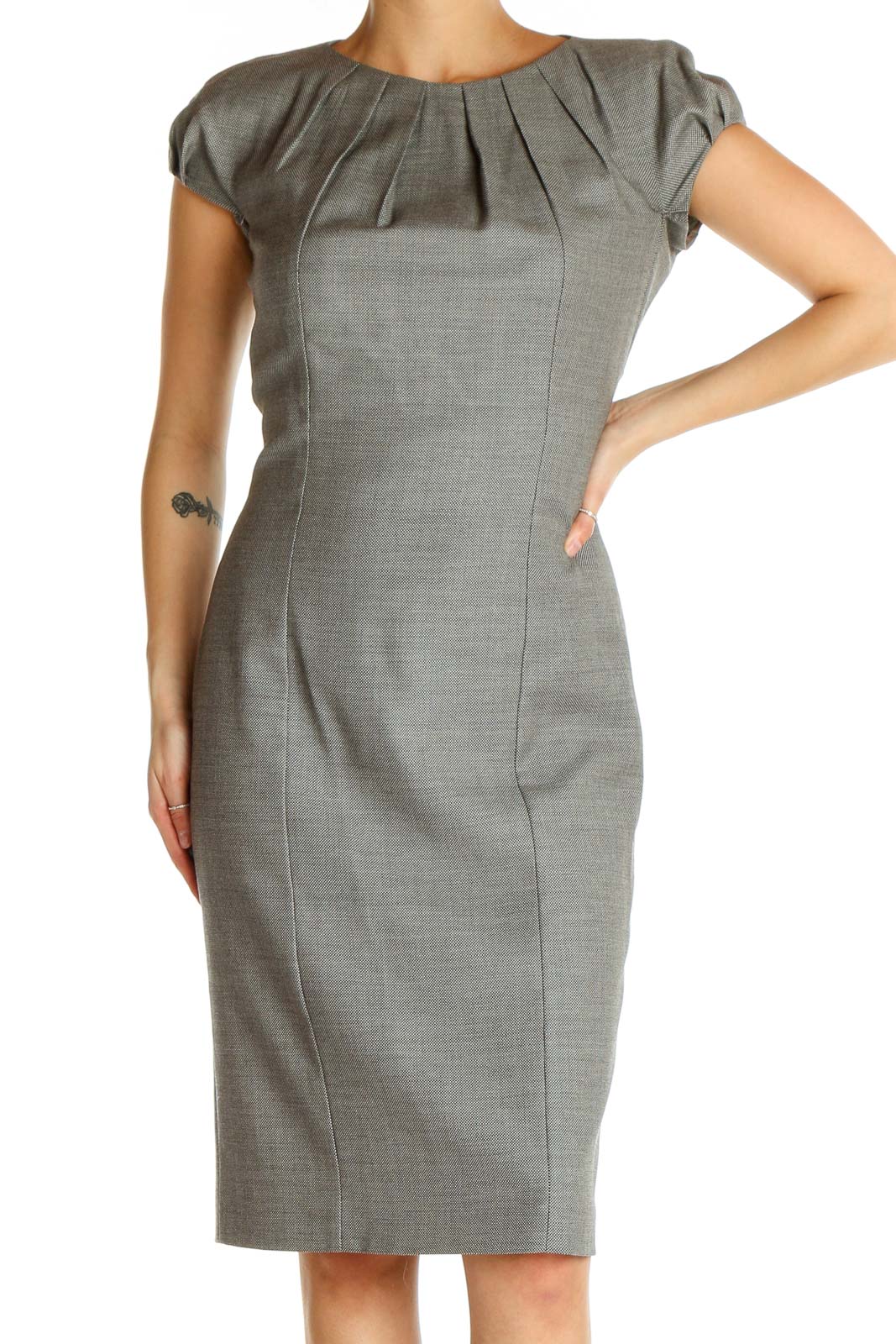 Gray Solid Classic Sheath Dress Front