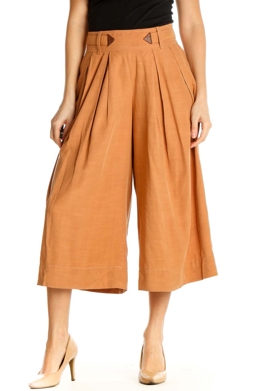 Orange Solid Casual Culottes Pants Front