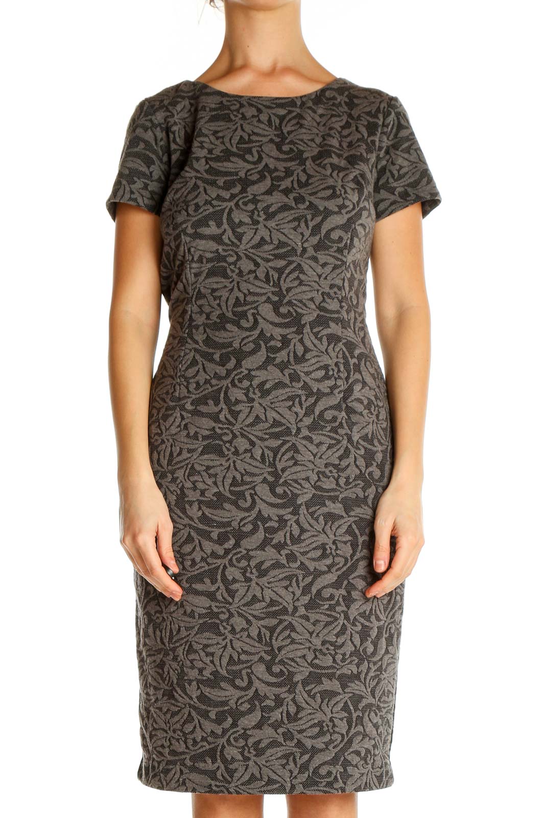 Gray Textured Classic Sheath Dress Front