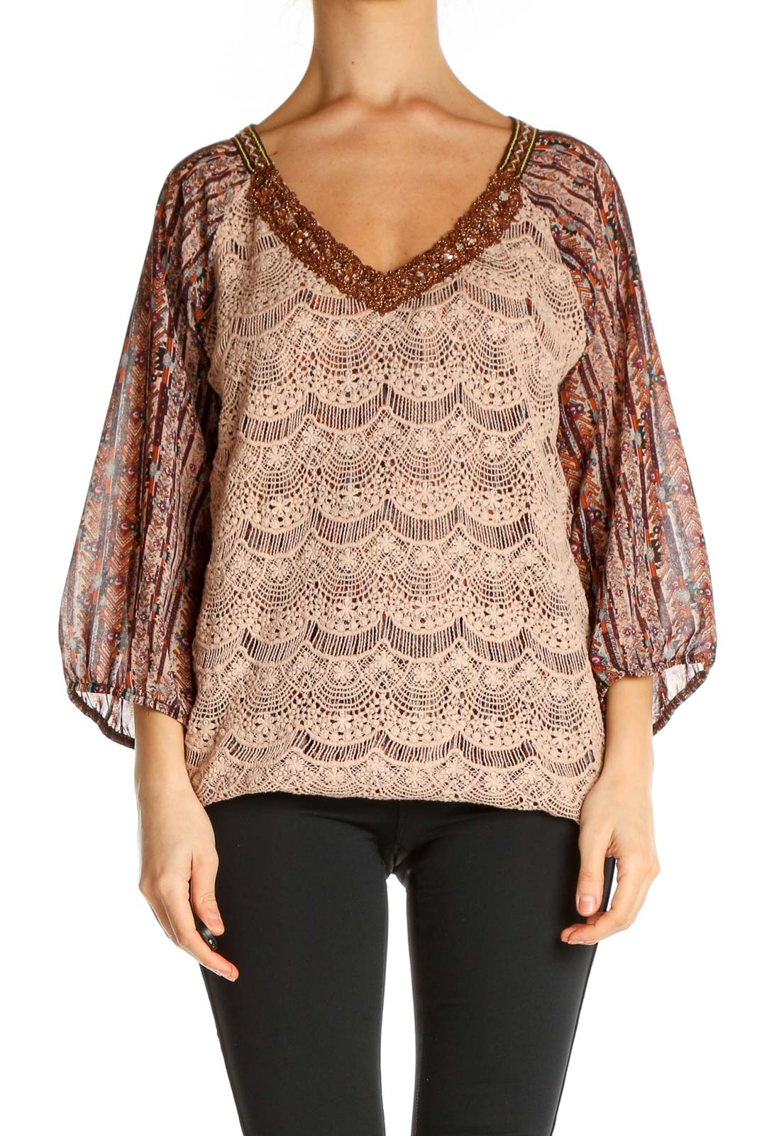 Beige Textured Blouse Front