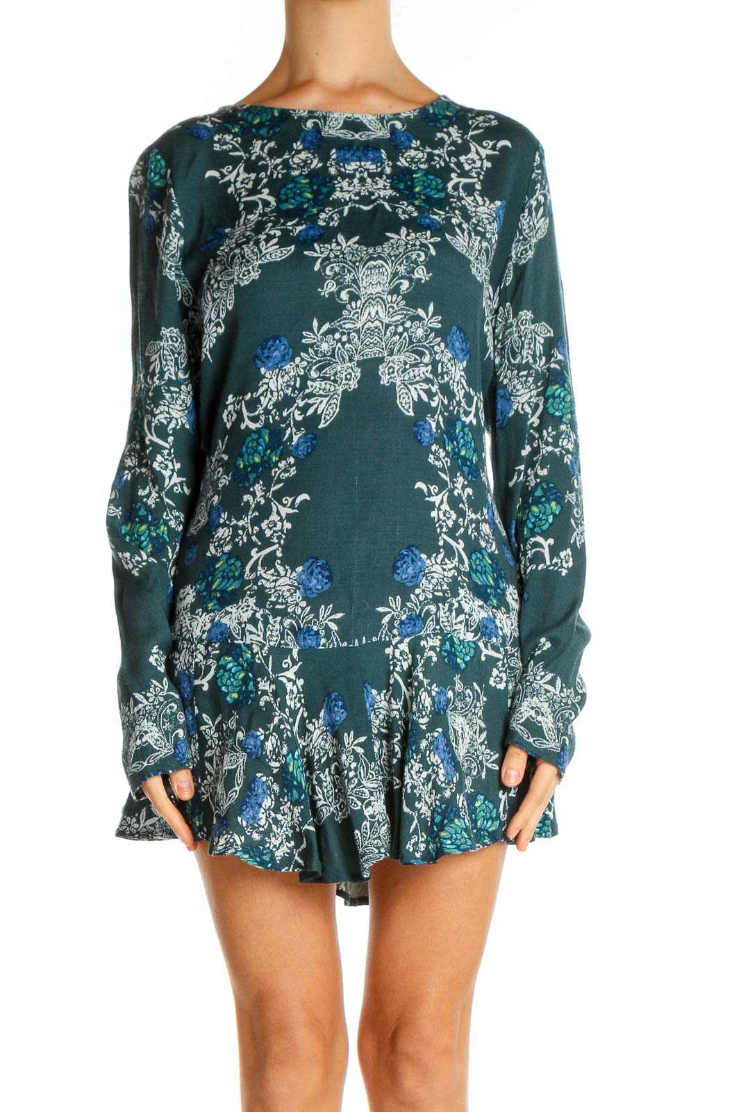 Green Floral Long Sleeve Mini Dress Front