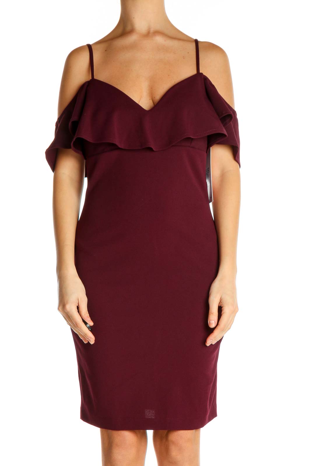 Red Solid Classic Sheath Dress Front