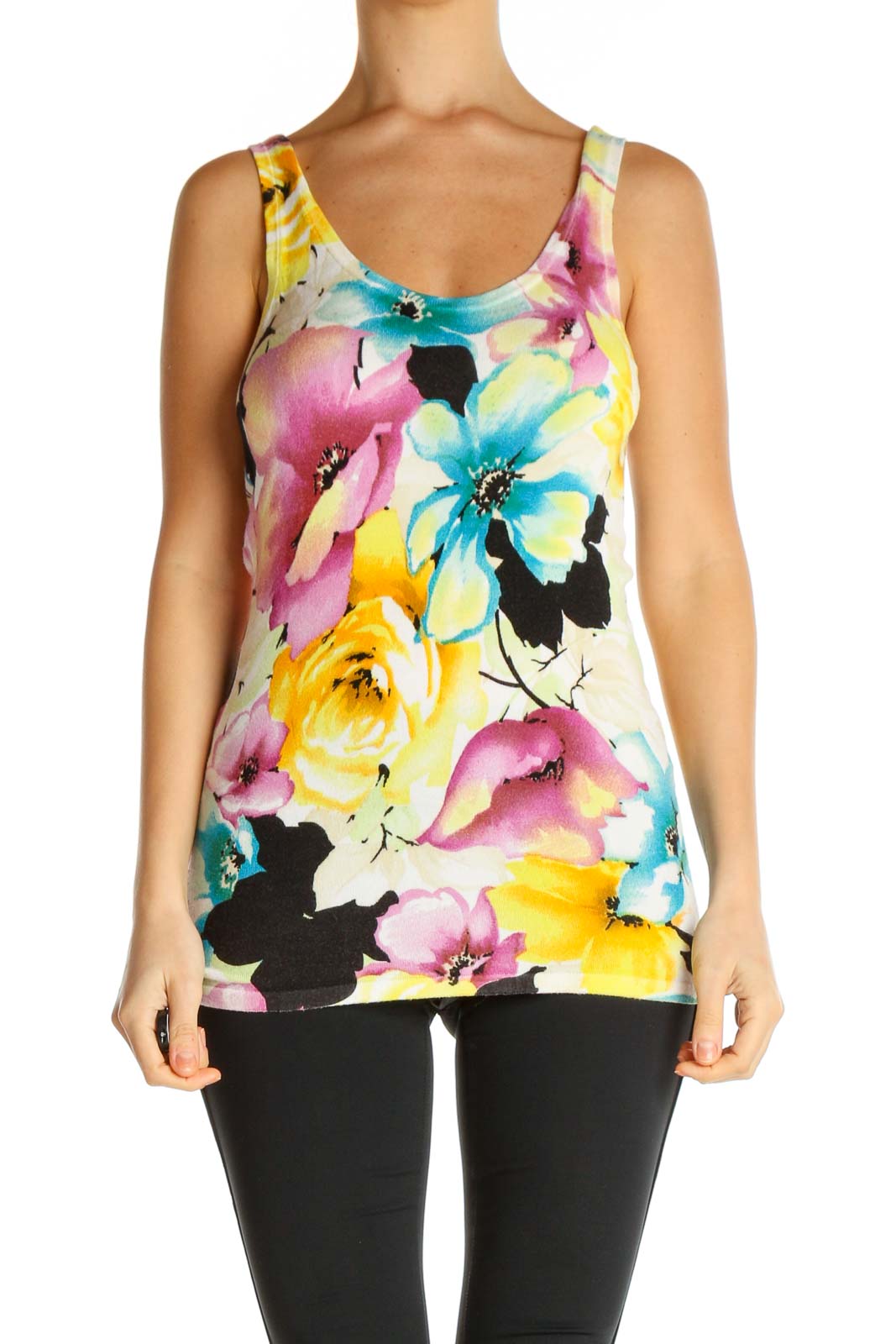 Yellow Floral Print Holiday Tank Top Front