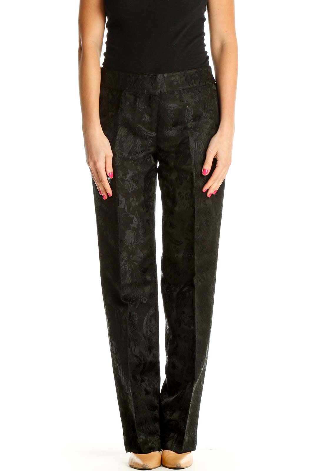 Black Floral Embossed Trousers Front