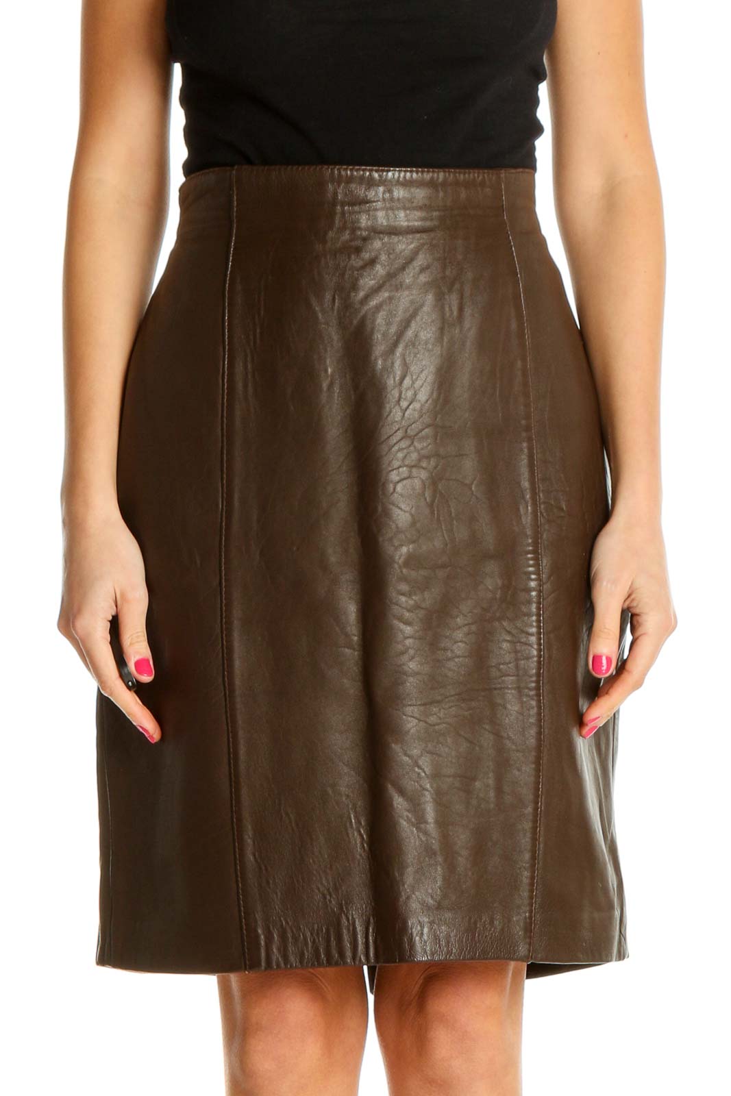 Brown Textured Party Pencil Skirt Front
