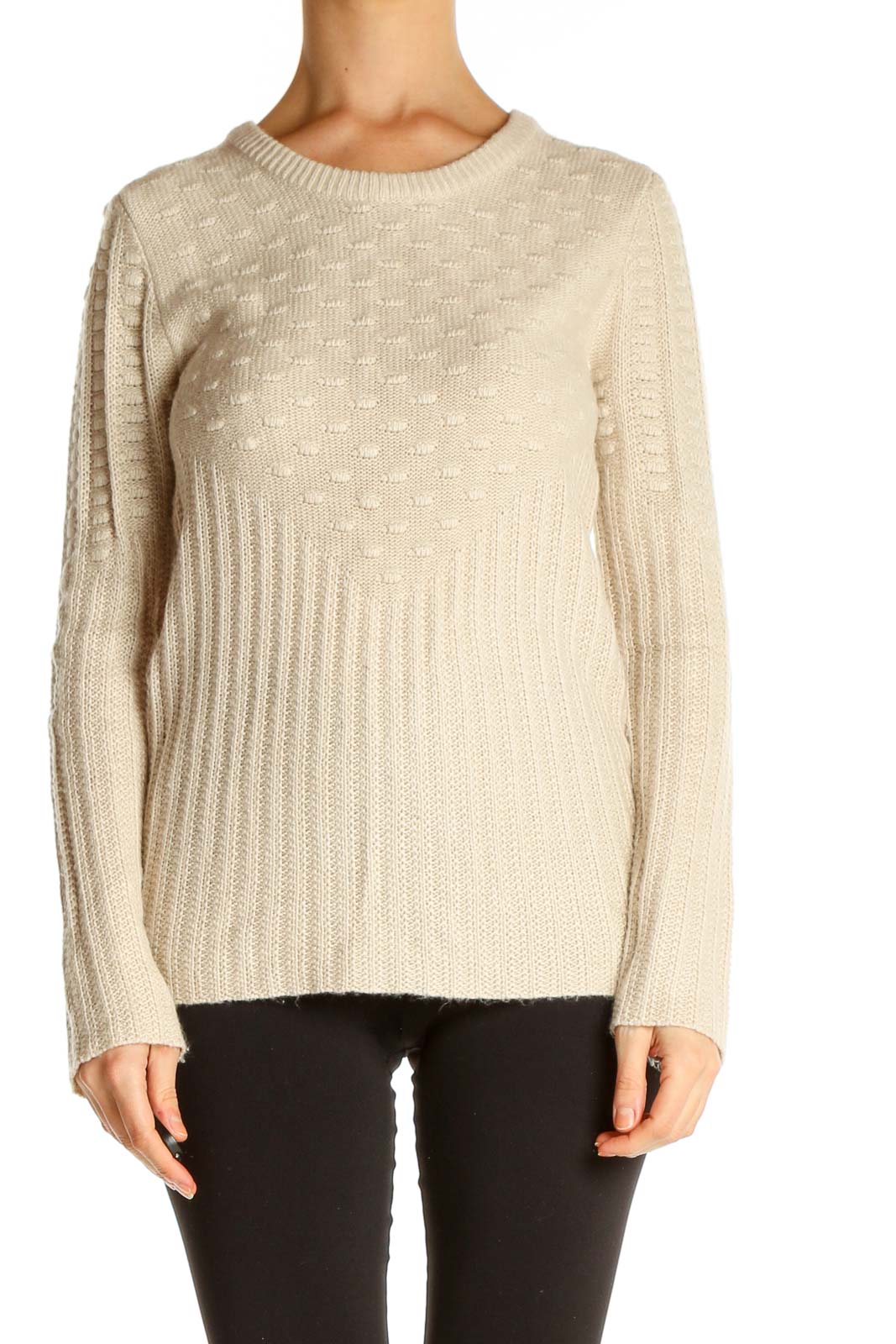 Beige Textured Classic Sweater Front