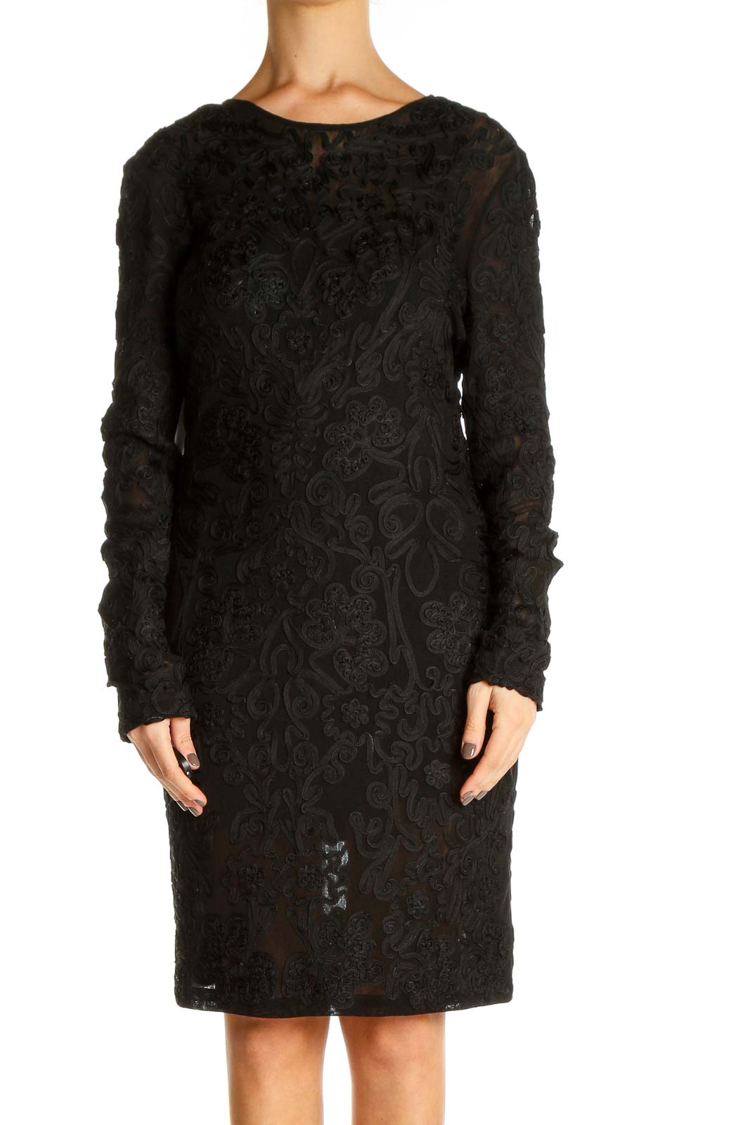 Black Lace Long Sleeve Dress Front