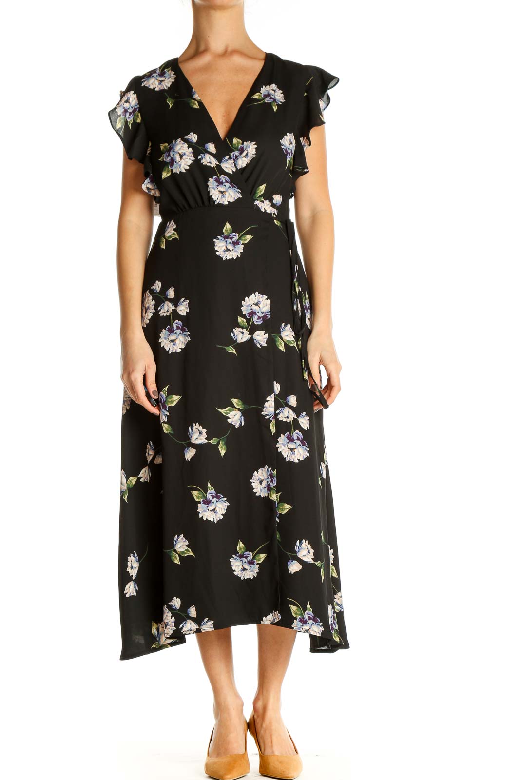 Black Floral Print Day Fit & Flare Dress Front