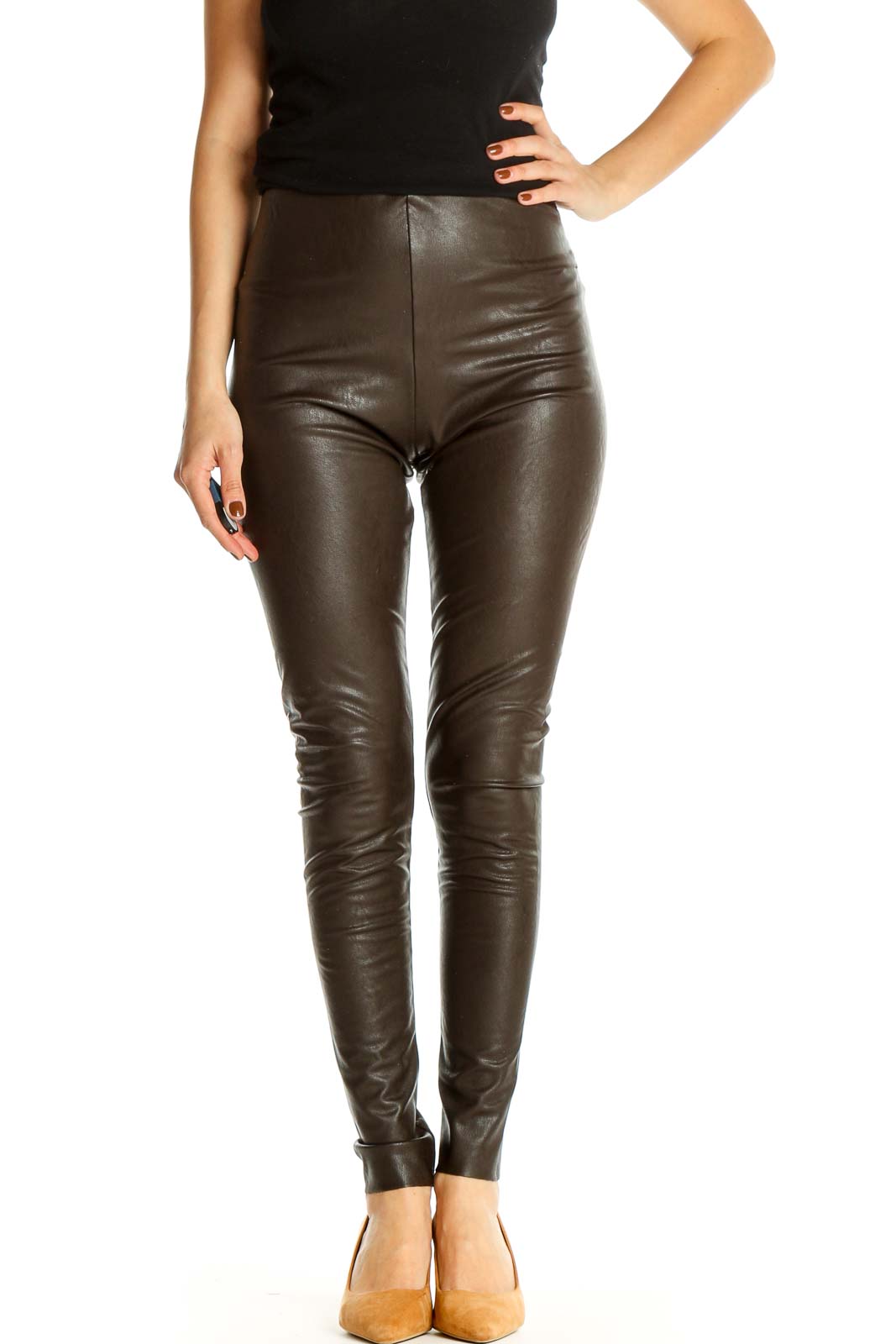 Brown Solid Casual Leggings Front