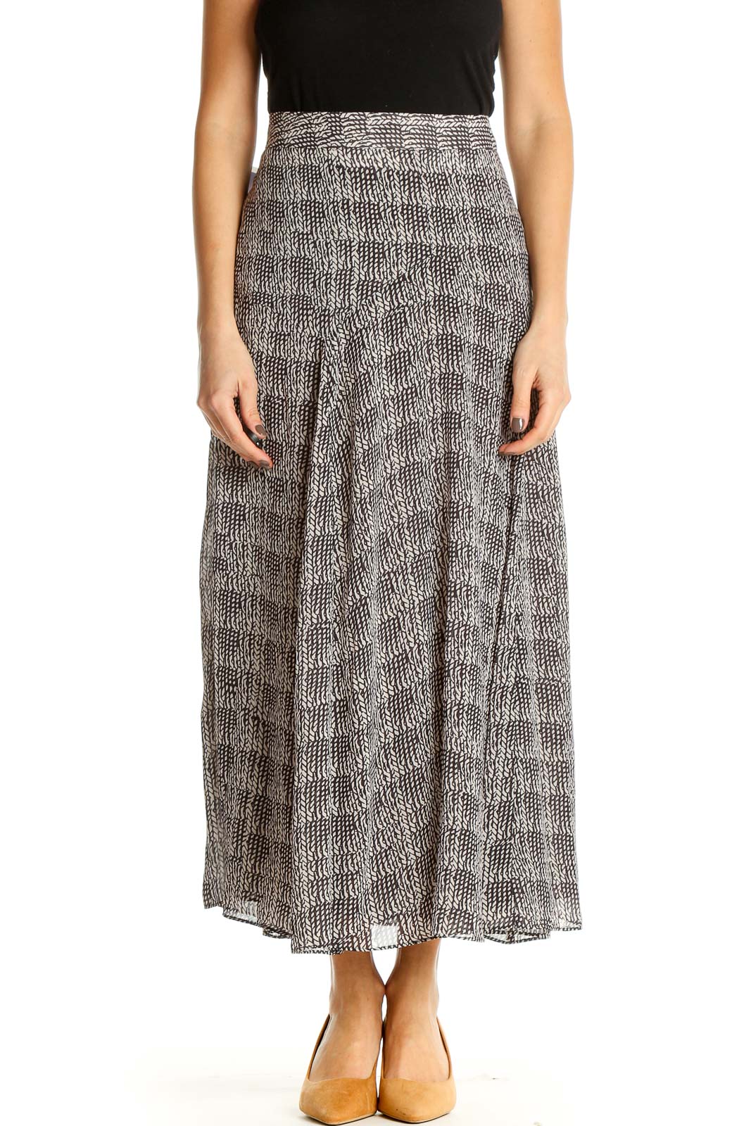 Gray Printed Bohemian Flared Skirt Front