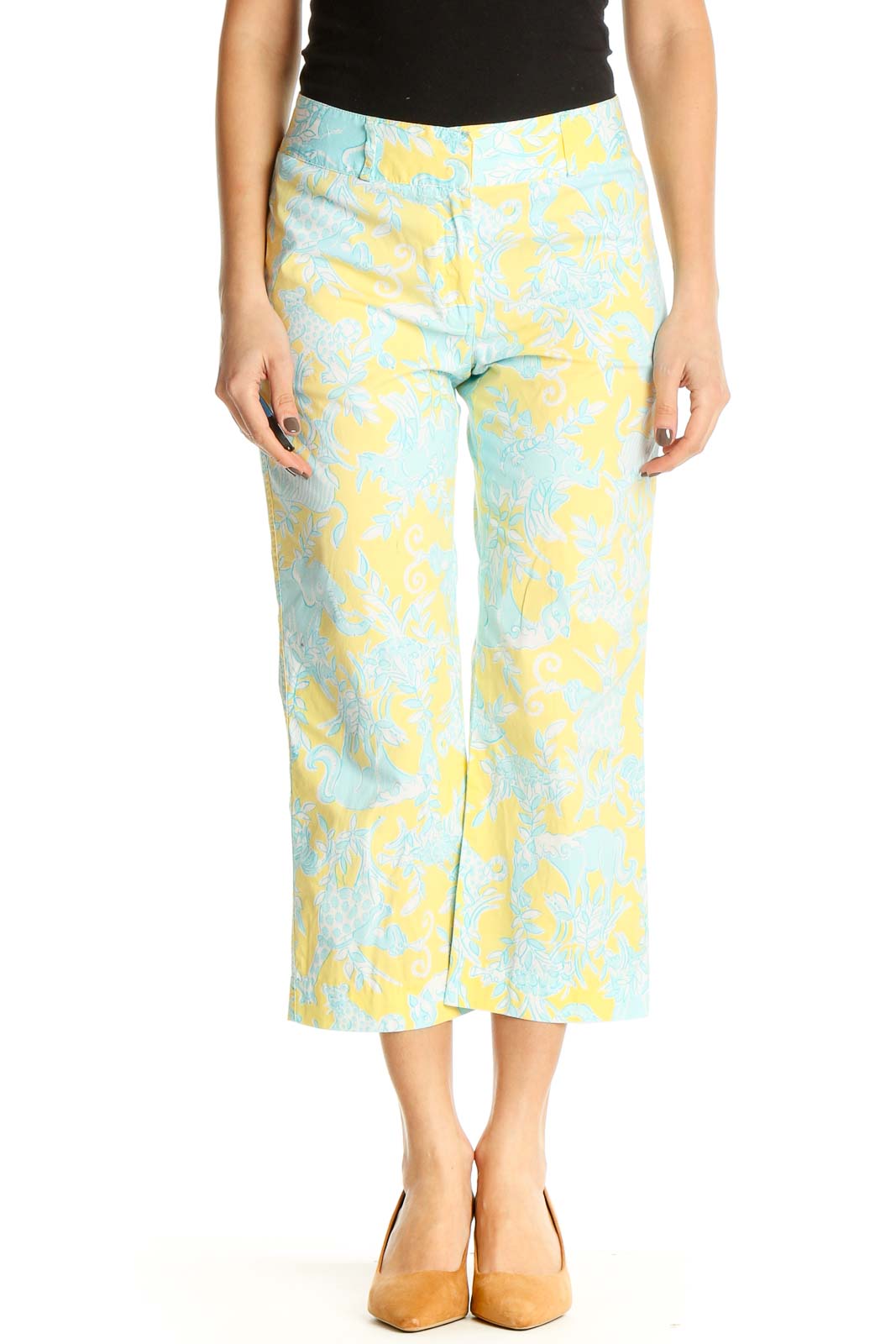 Yellow Floral Print Casual Trousers Front