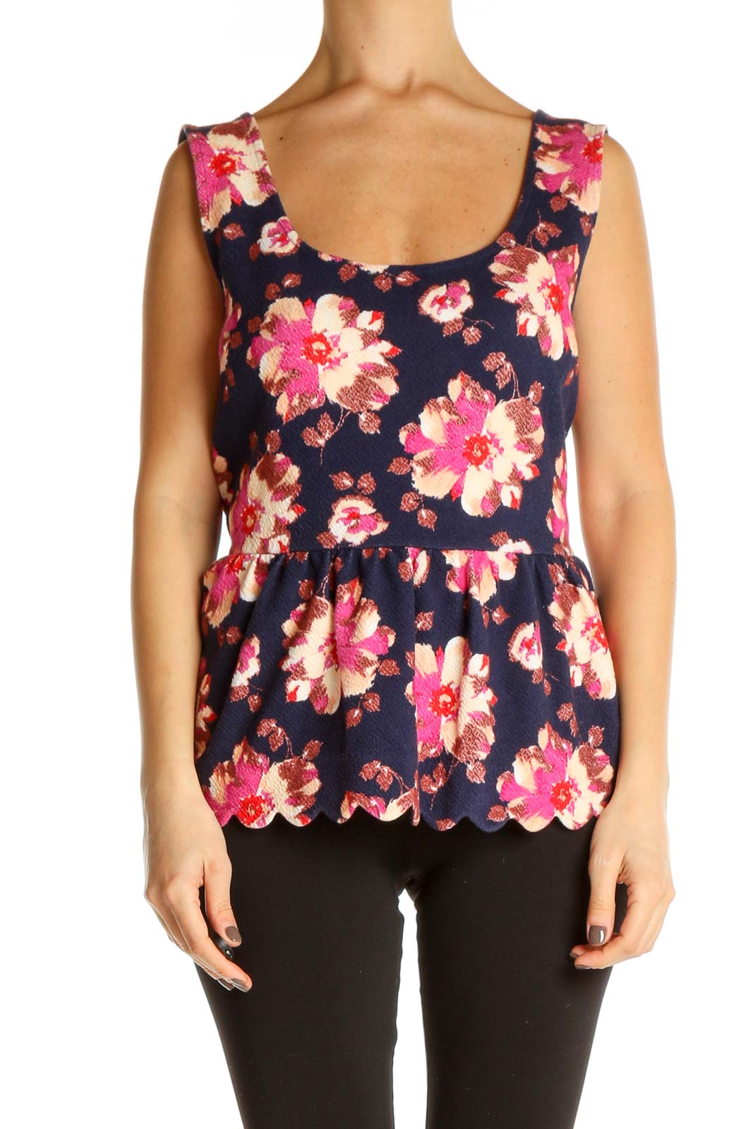 Blue Floral Print Holiday Tank Top Front